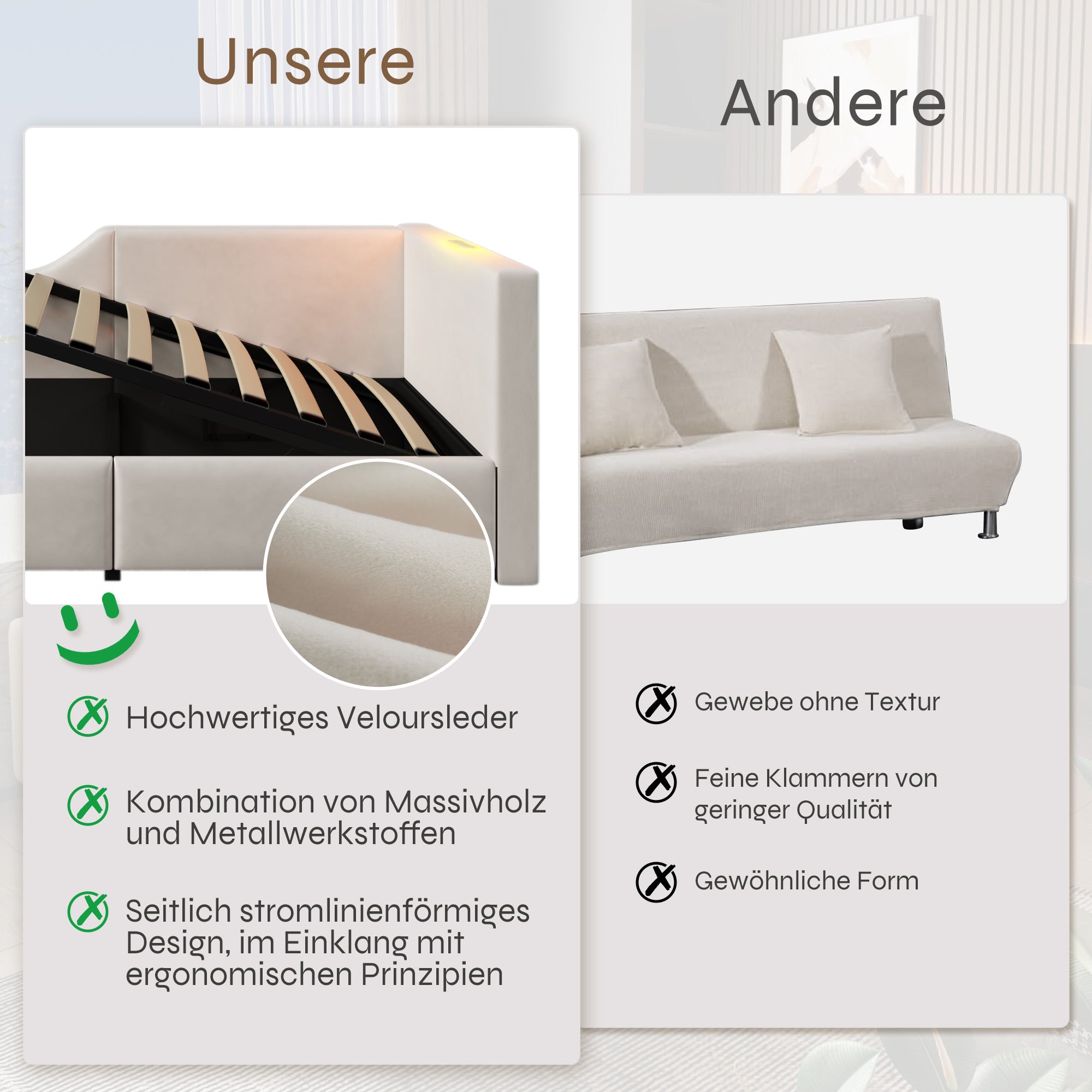 Daybed, 90x200cm Sofa with Hydraulic Storage, Reading Light & USB-C, Velvet Beige