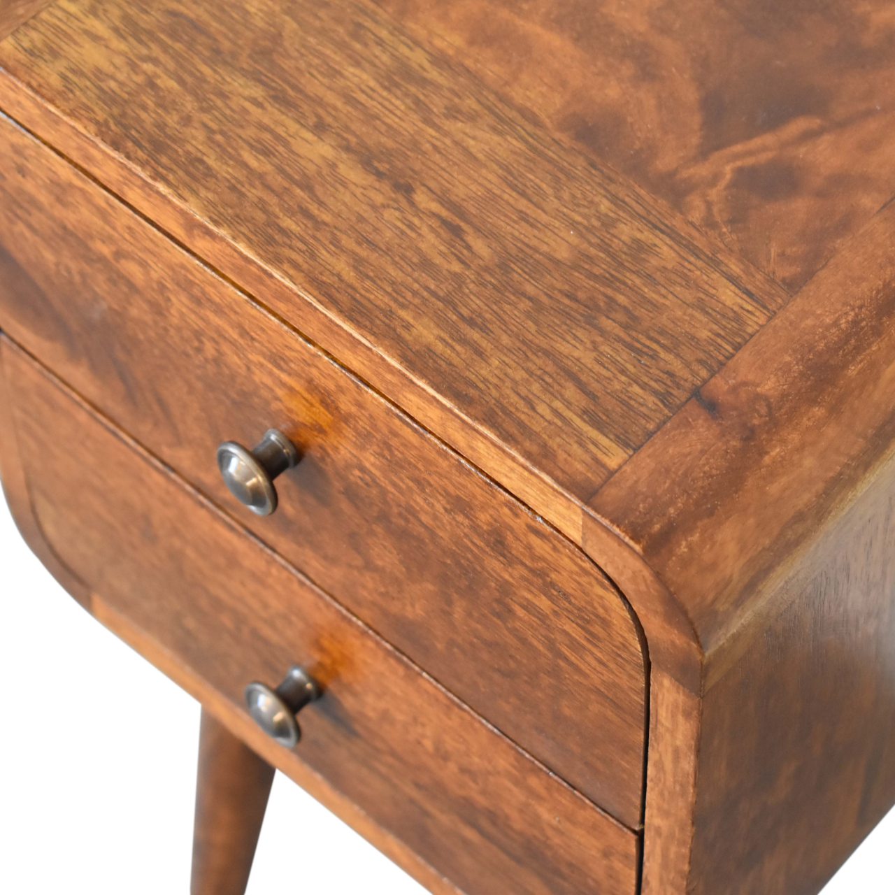 Mini Chestnut Curved Bedside, 2 Drawers, Solid Wood Dark Brown