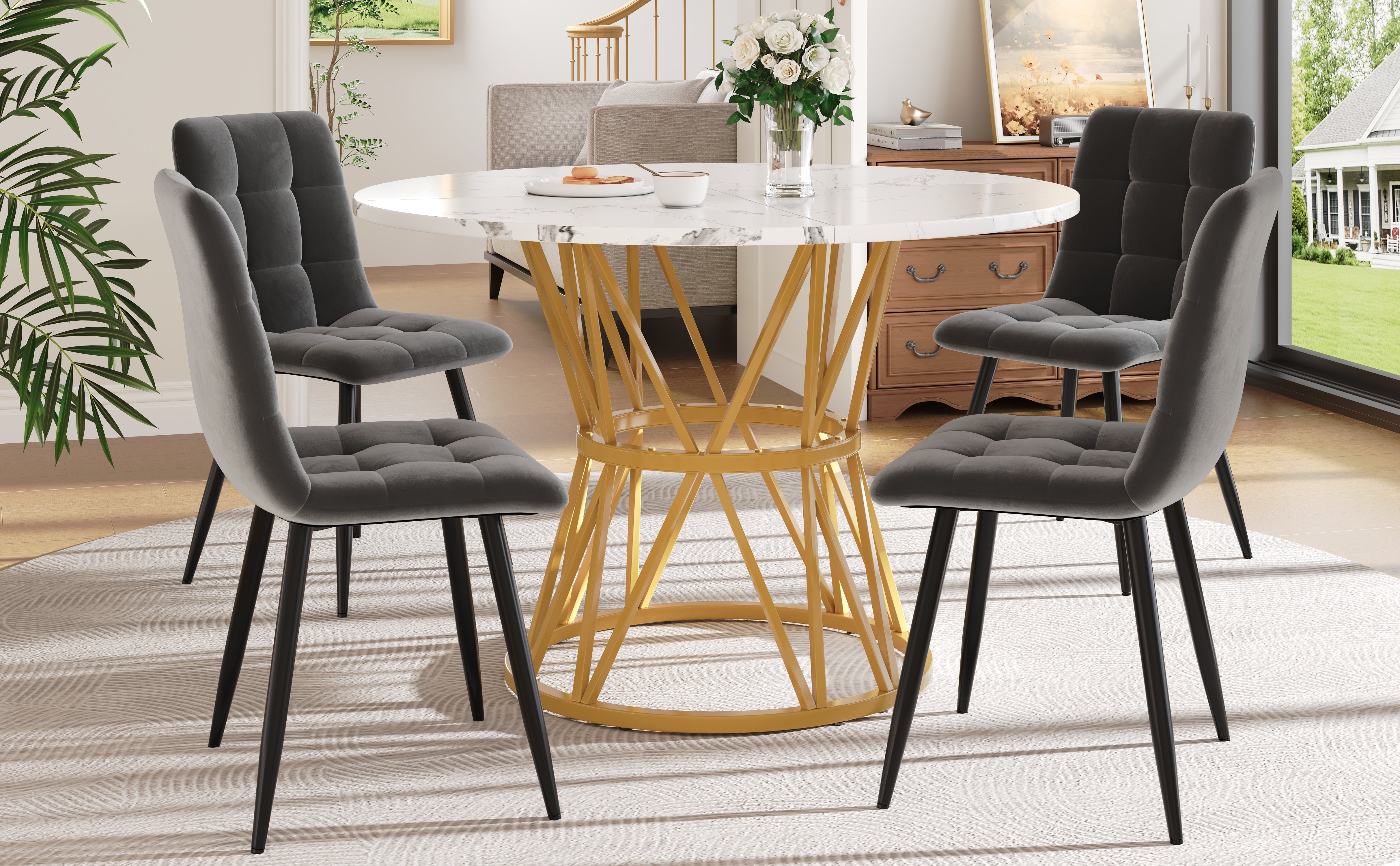 5-Piece Dining Set, Modern Round 100cm Table with 4 Chairs, MDF Marble Top/Grey Velvet