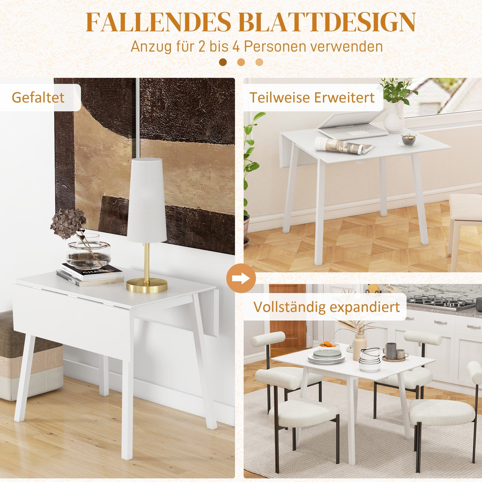 Folding Dining Table, 2-4 Person, Wooden, White