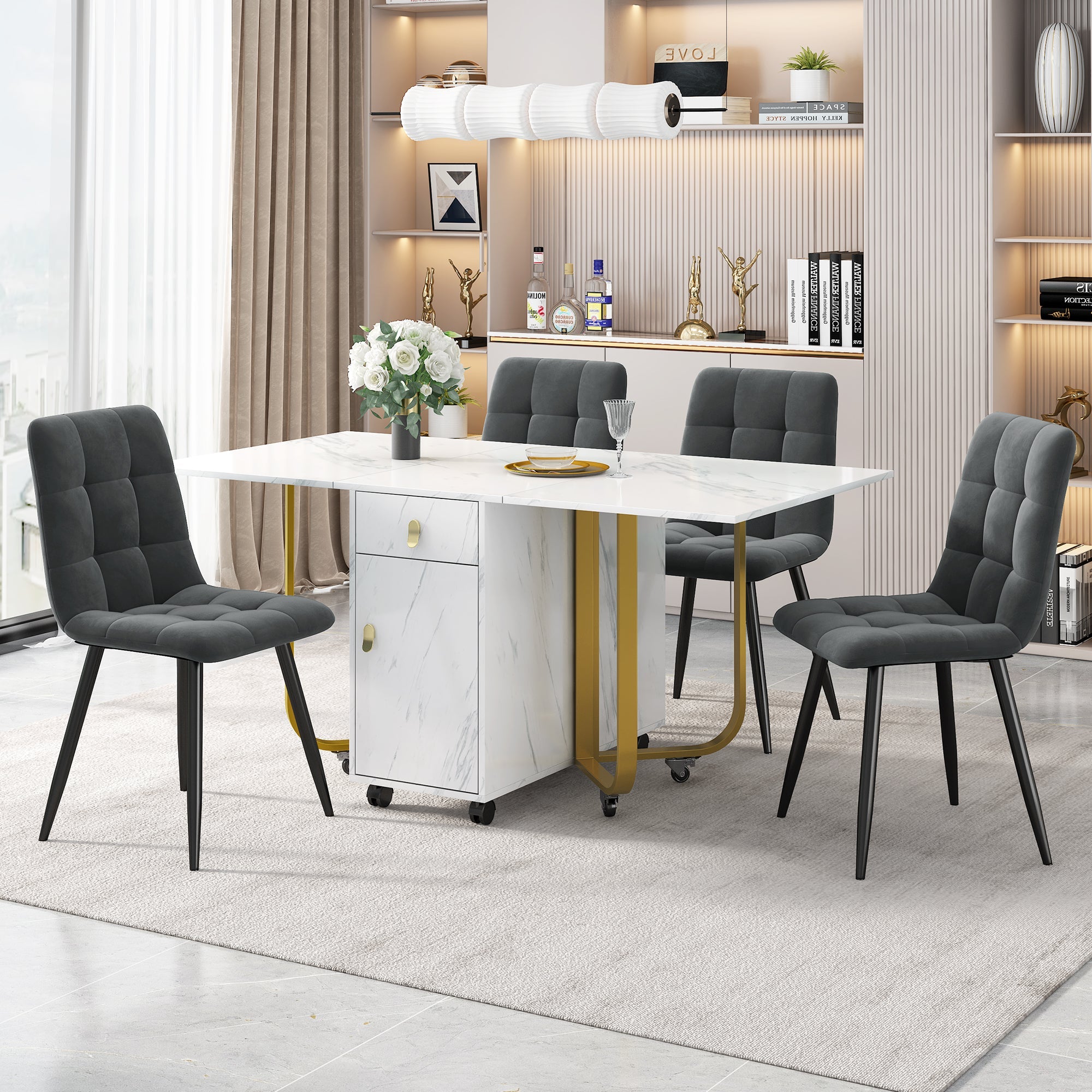 Dining Set, 150x80x76cm Folding Table, 4 Velvet Chairs, White MDF & Black Legs