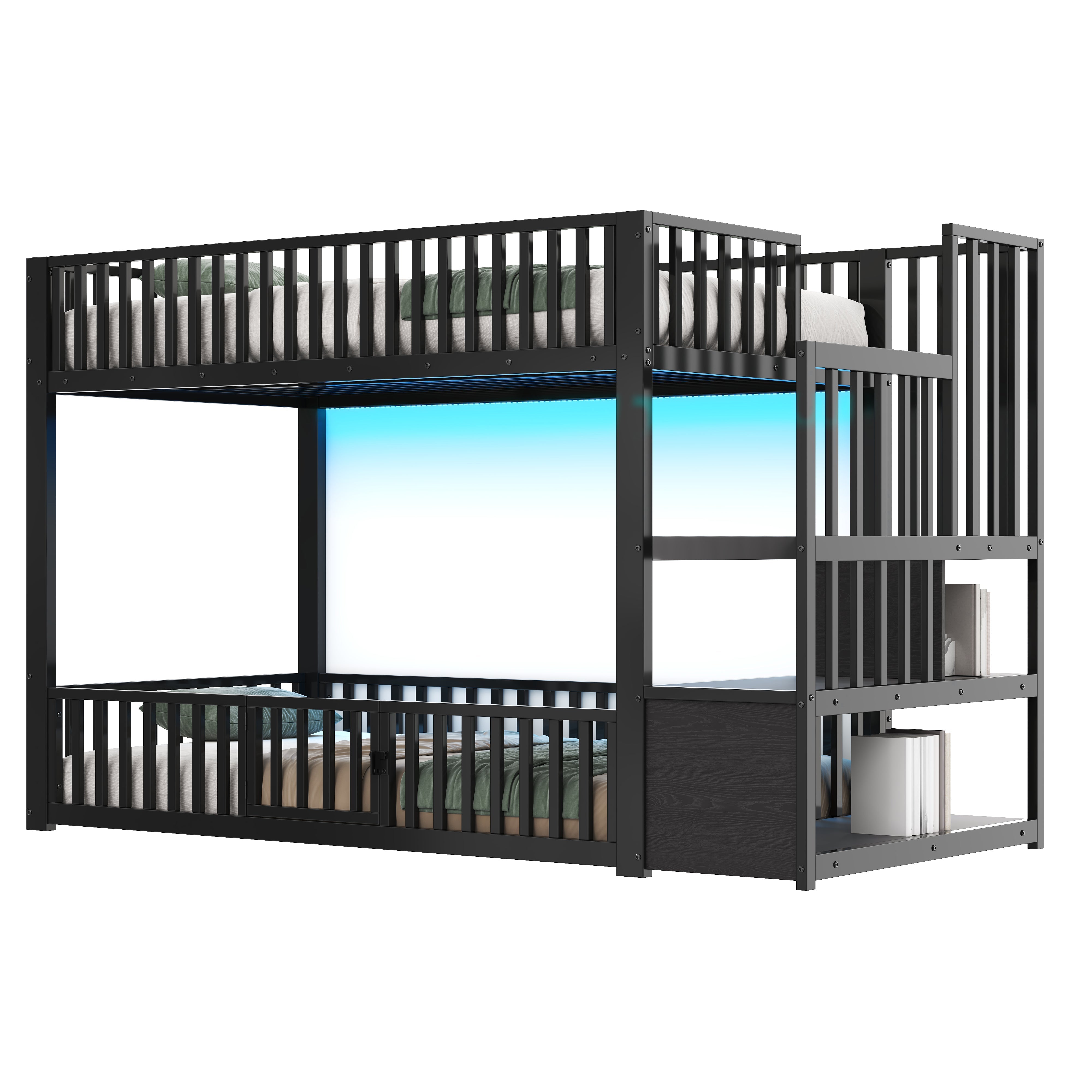 Bunk Bed with Storage Ladder and LED, 90x200cm, Black Metal