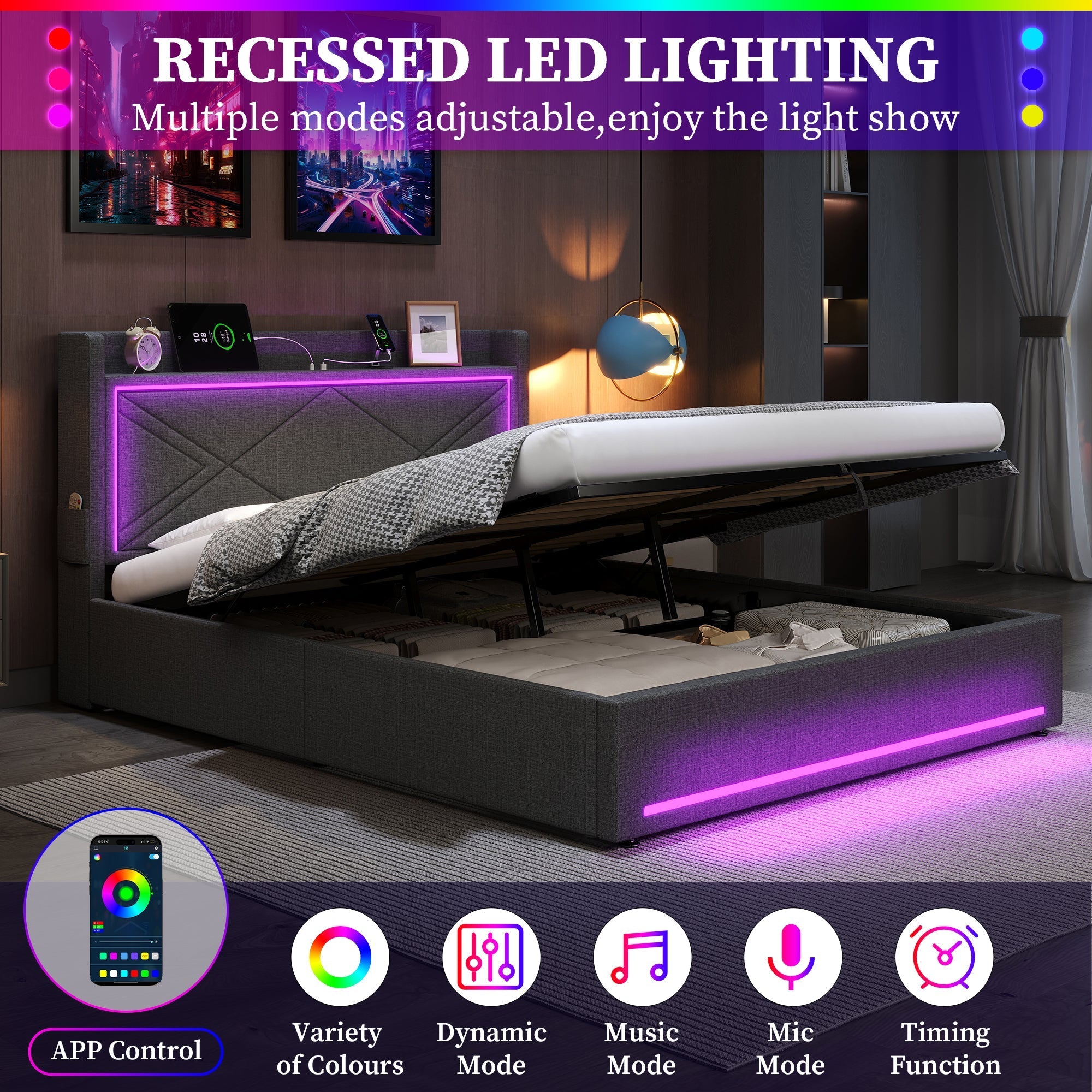 4ft6 Double Upholstered Bed Frame, Hydraulic Storage LED Charging Station, Grey Linen