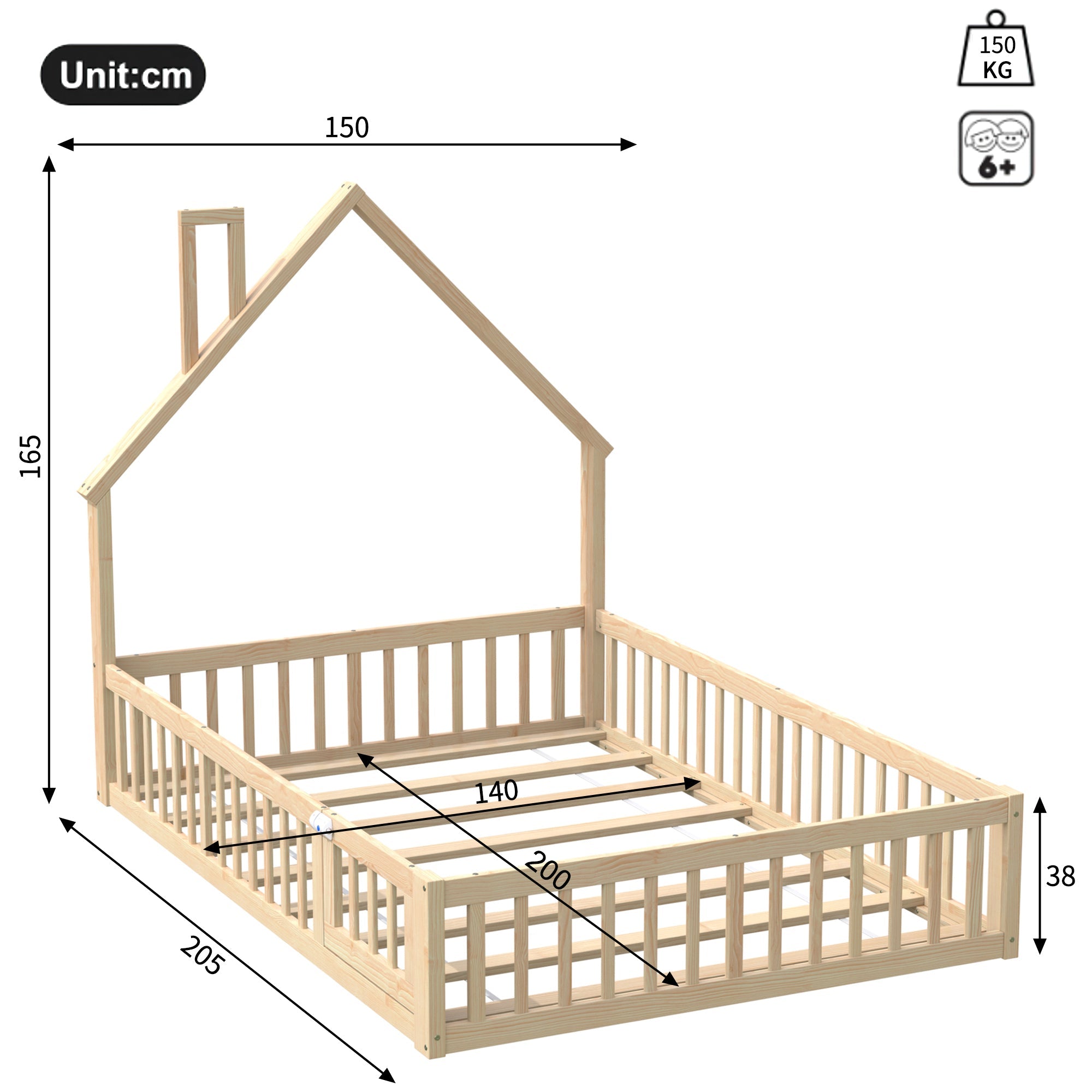 House Bed 140x200cm Chimney Shape Slatted Base Pine Wood Natural