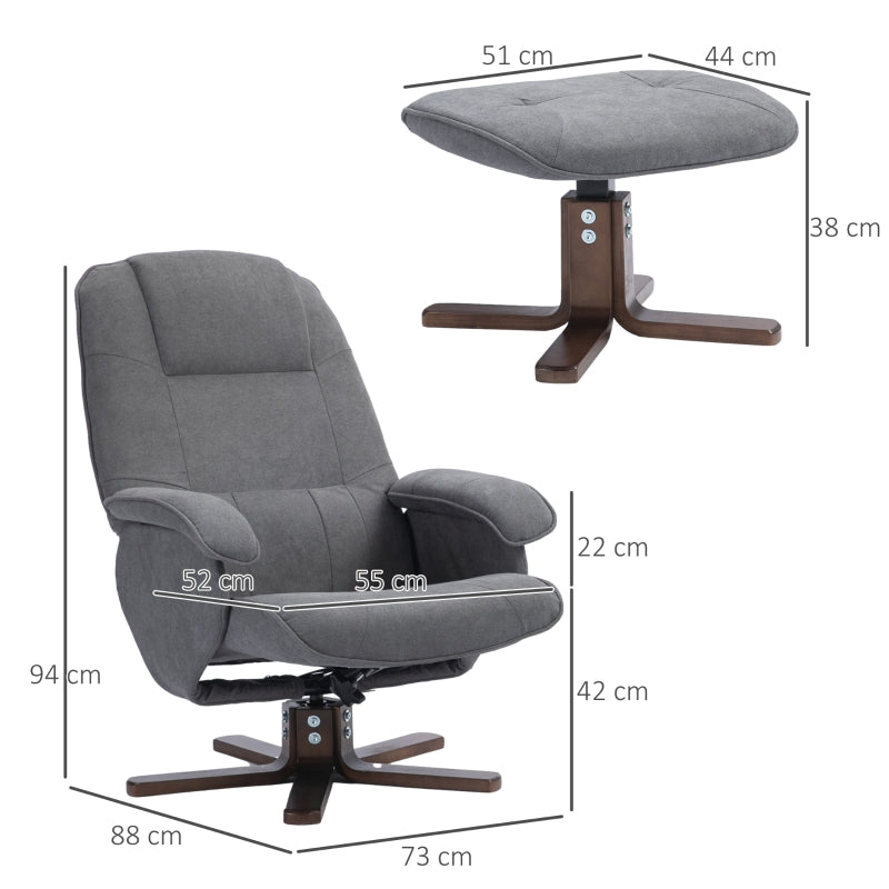 Linen Recliner Chair and Footstool, Swivel Reclining with Wooden Base, Grey