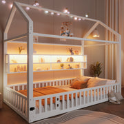 House-Shaped Platform Bed with Fence and LED Lighting, 90x200cm, White Metal
