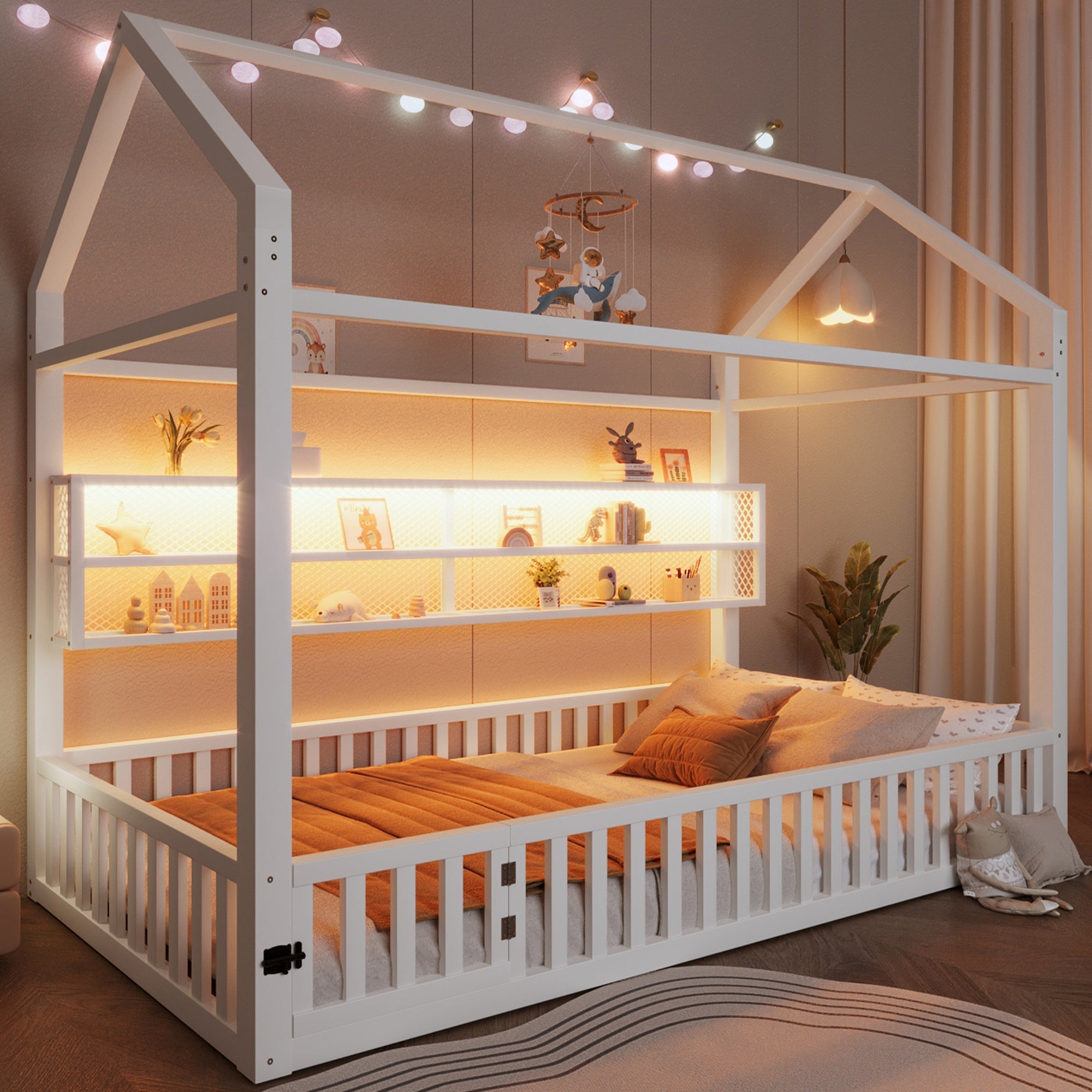 House-Shaped Platform Bed with Fence and LED Lighting, 90x200cm, White Metal
