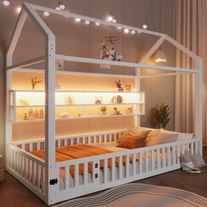 House-Shaped Platform Bed with Fence and LED Lighting, 90x200cm, White Metal