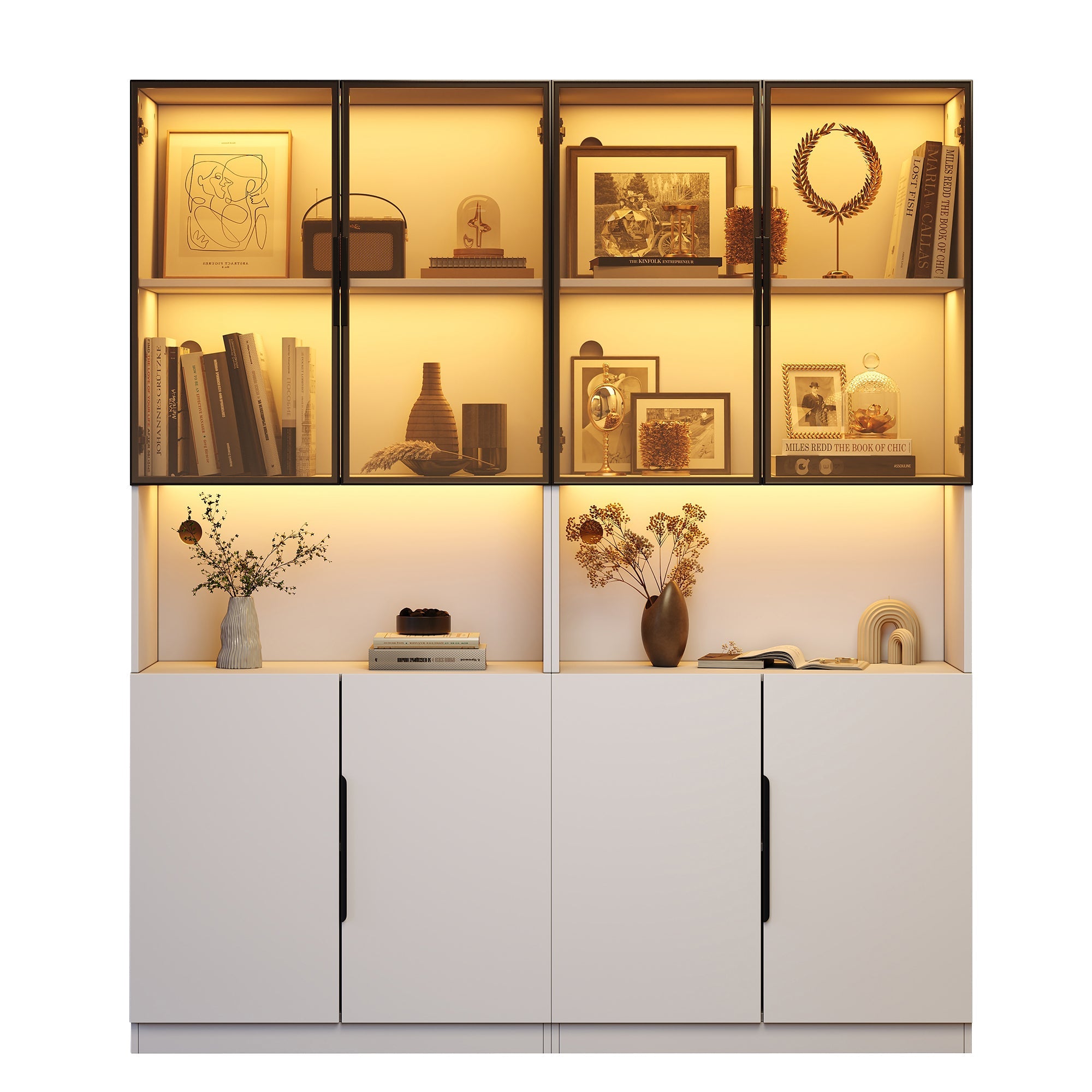 Modern Minimalist Display Cabinet, Glass Doors LED Lights Bookshelf for Collectibles, White