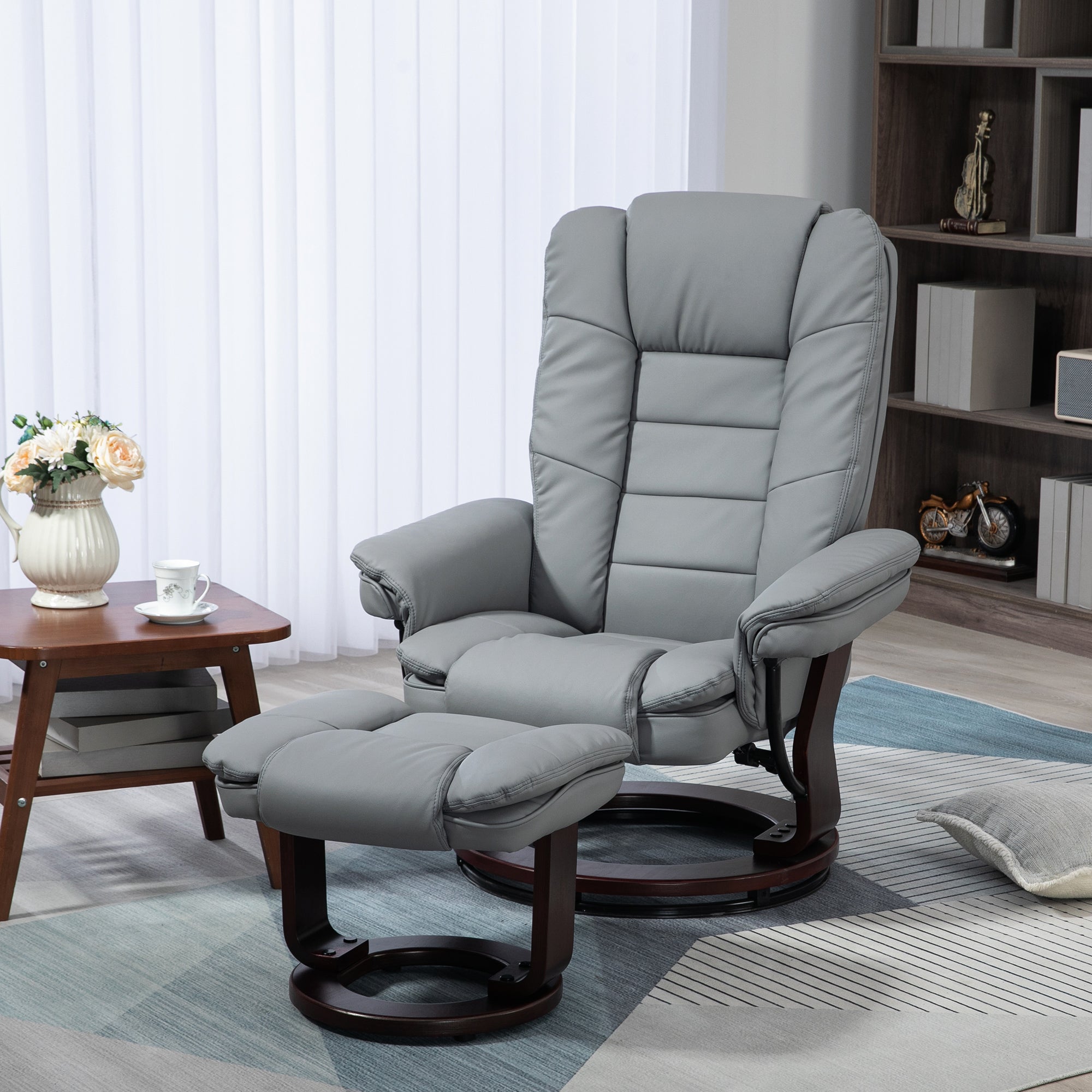 Reclining Armchair with Footstool, 360° Swivel Lounge Chair, Faux Leather Grey