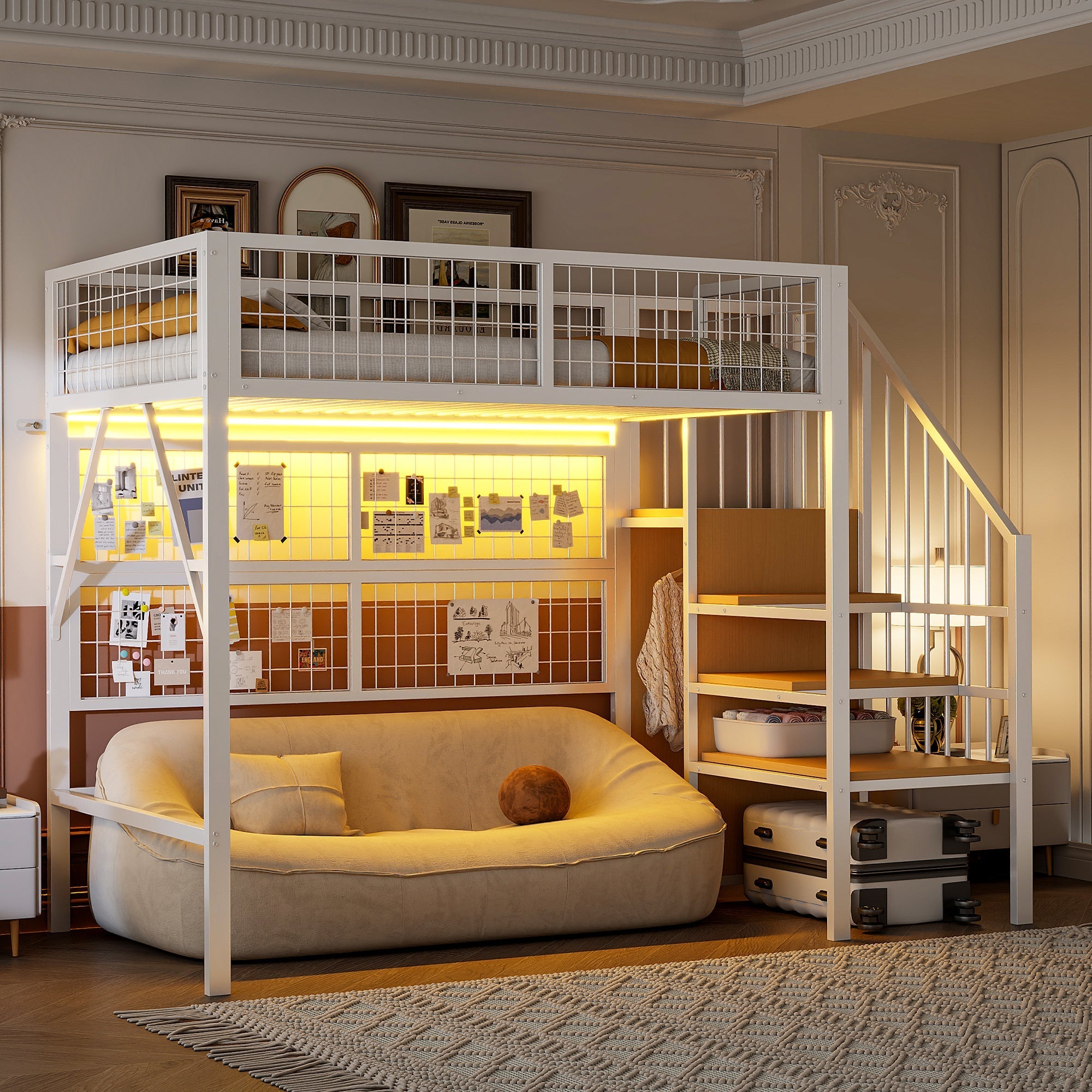Iron Loft Bed, 90x200 with LED, Storage Stairs, Open Wardrobe, Black and White Metal