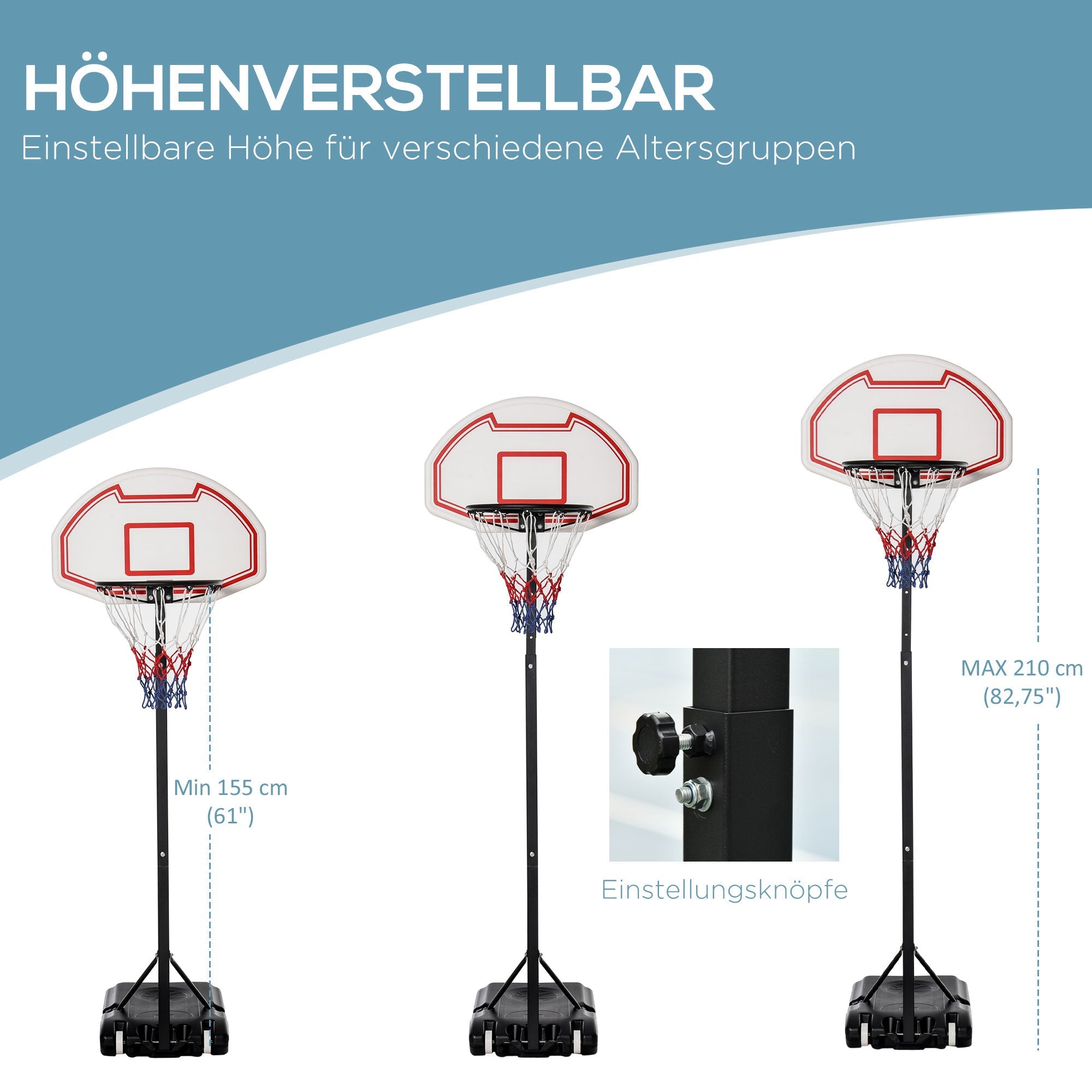 Basketballständer für Kinder, verstellbar, rollbar, mit Wasser befüllbar, Schwarz PE & Stahl