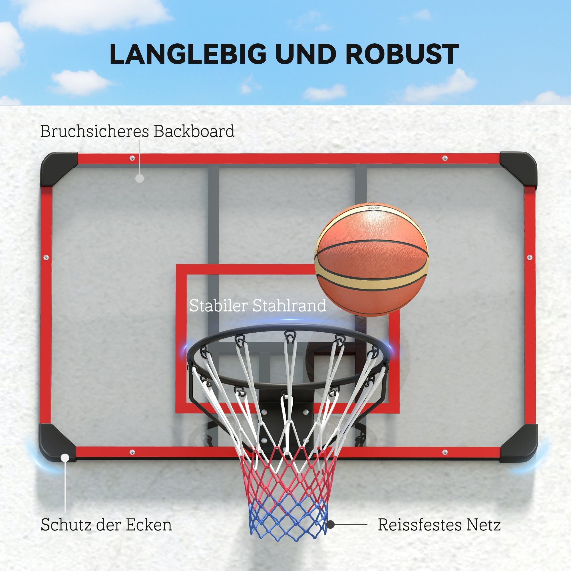Basketballkorb, Wandmontage Außen-Backboard, Stahl Rot