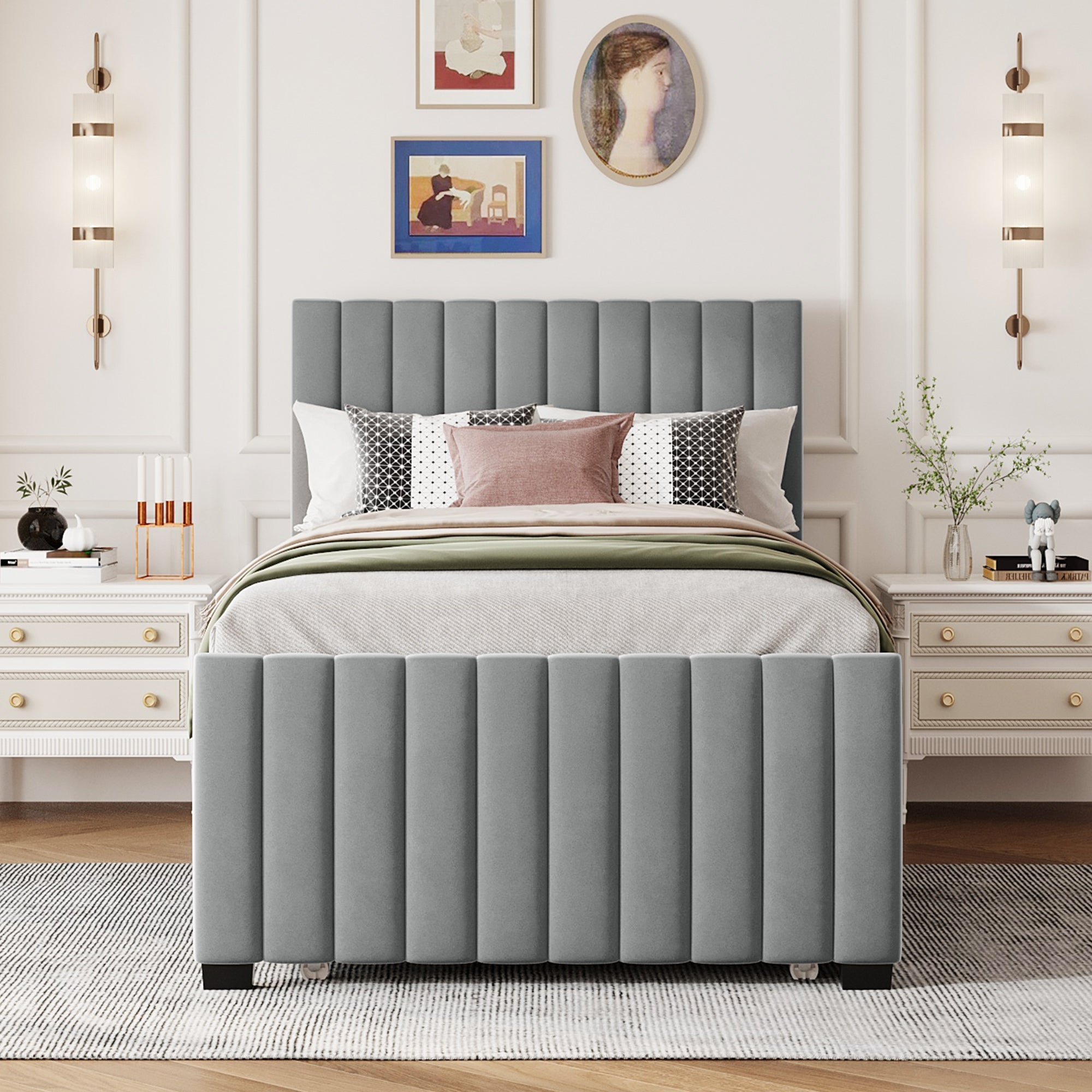 Upholstered Bed with Pull-Out, 90 x 190 cm Single, Grey Velvet