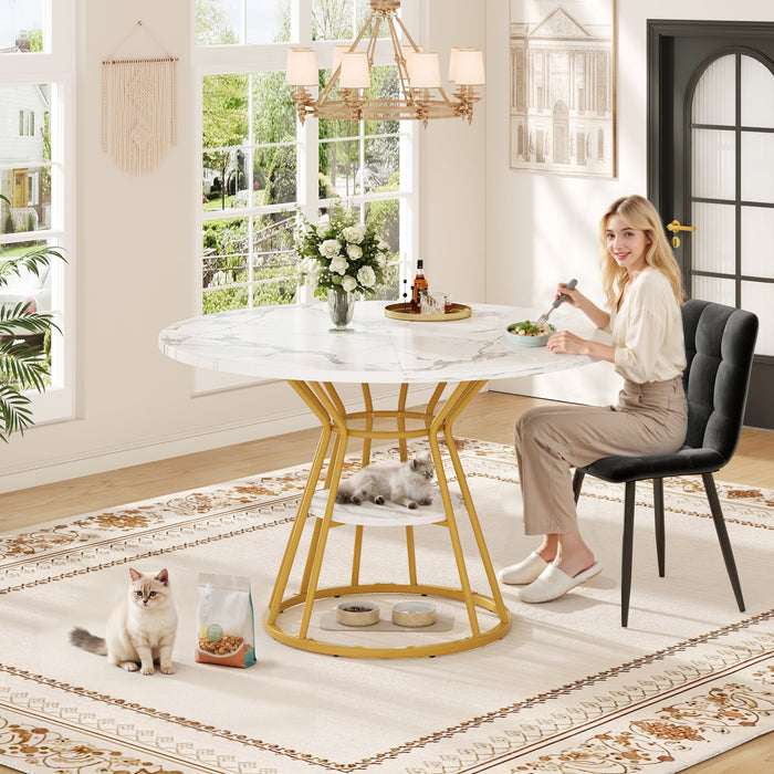 Round Dining Table, Metal Legs Marble Pattern, Gold/Black