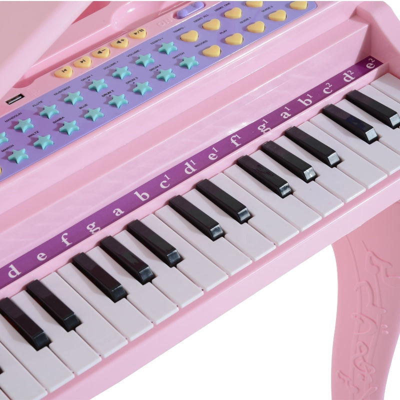 Children's Keyboard with 37 Keys, Microphone, LED Learning Mode, Recording Function, Pink