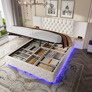Modern Bed Frame 135x190, Wide Headboard, LED, USB-C Ports, Hydraulic Lift Storage, Beige