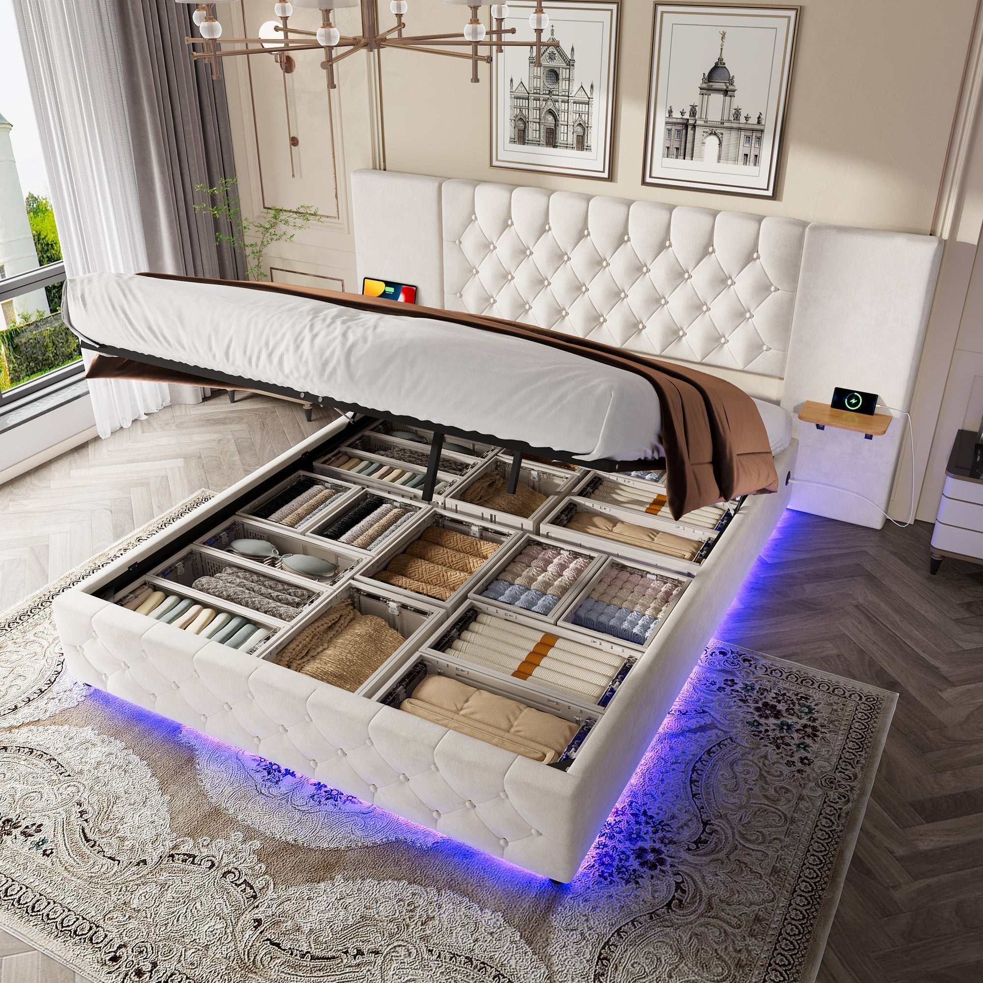 Modern Bed Frame 135x190, Wide Headboard, LED, USB-C Ports, Hydraulic Lift Storage, Beige
