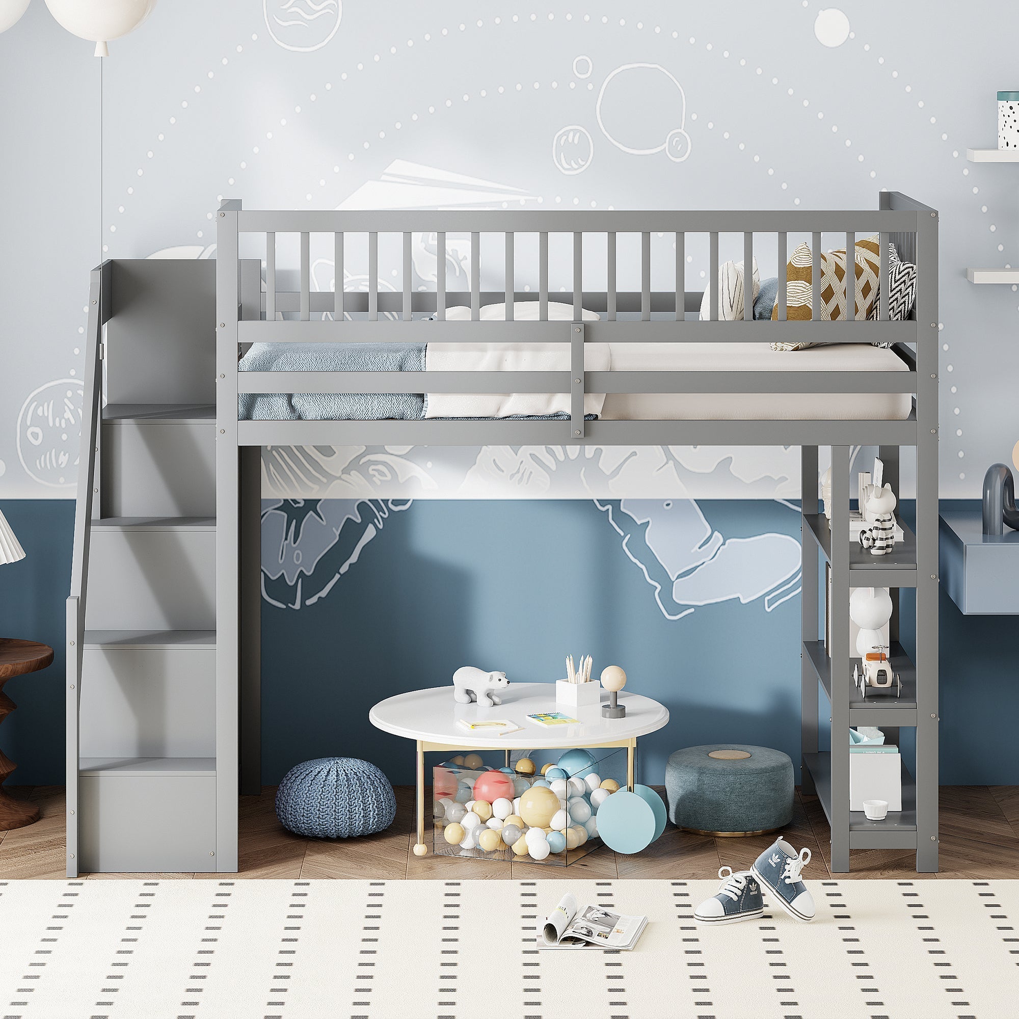 Loft Bed, 90x200 Multifunctional with Wardrobe & Storage, Grey Wooden