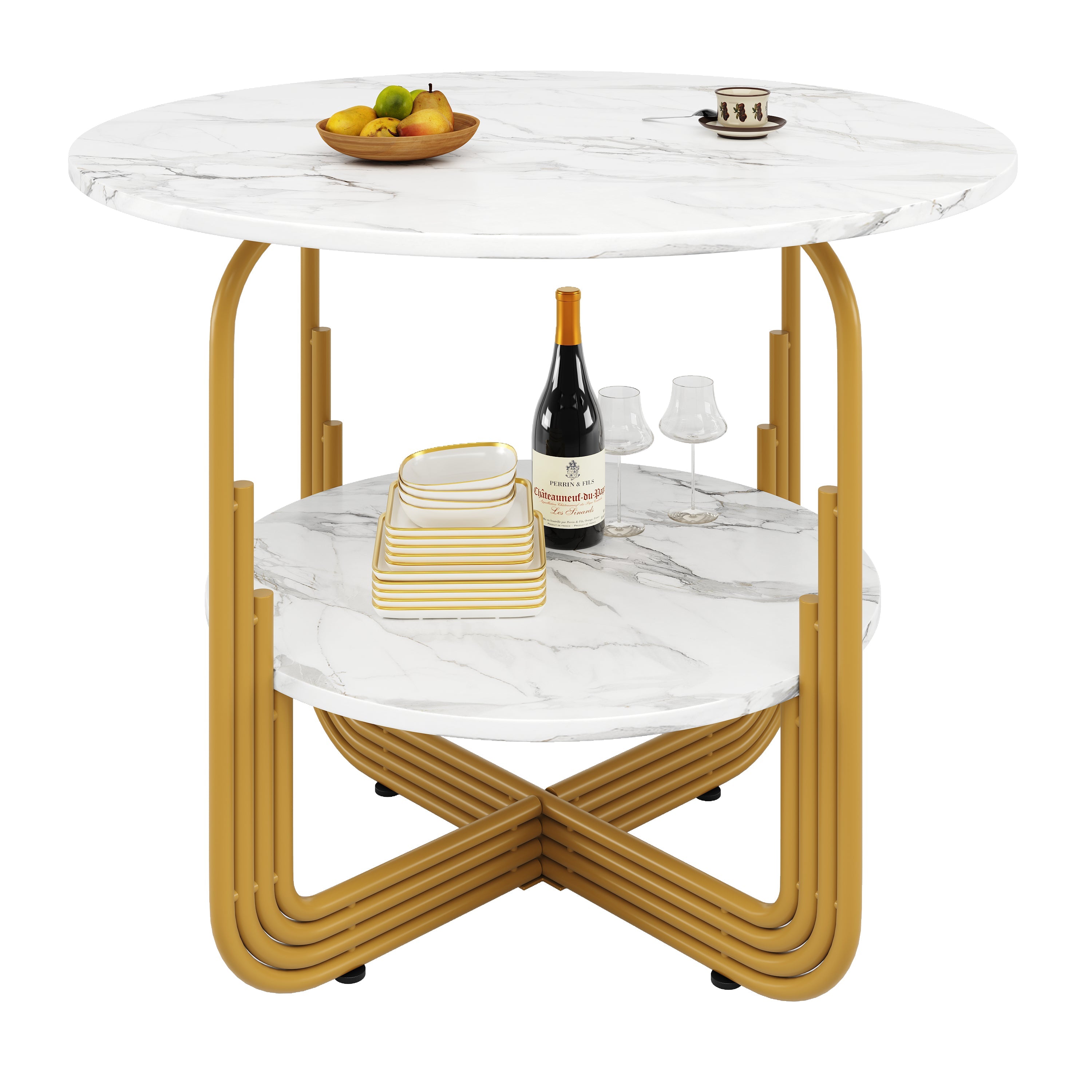 Round Dining Table 80x80x76cm 4-Person Storage Shelf MDF Marble Top