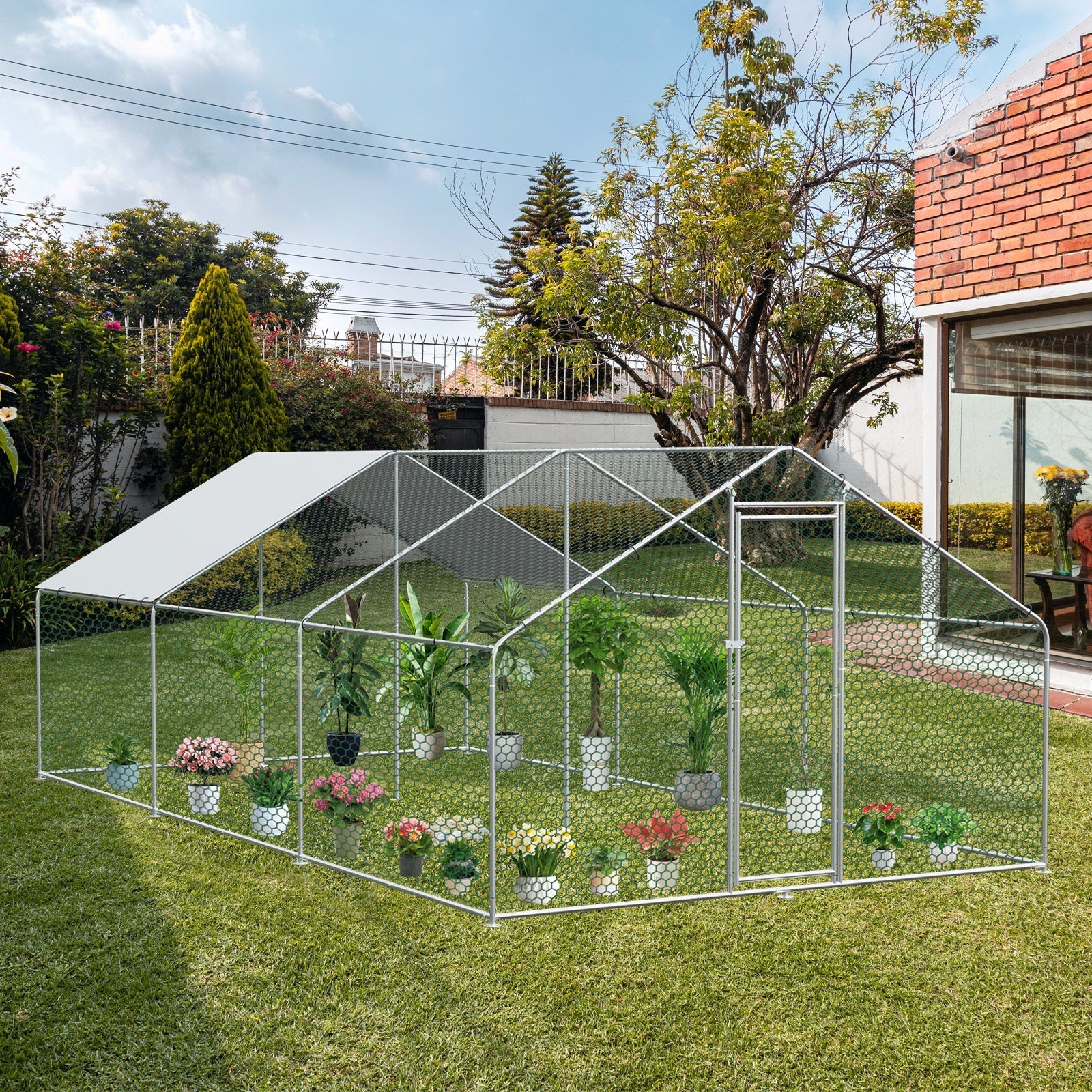 Chicken Run 3x6x2m with Safety Lock & Waterproof PE Cover - Metal