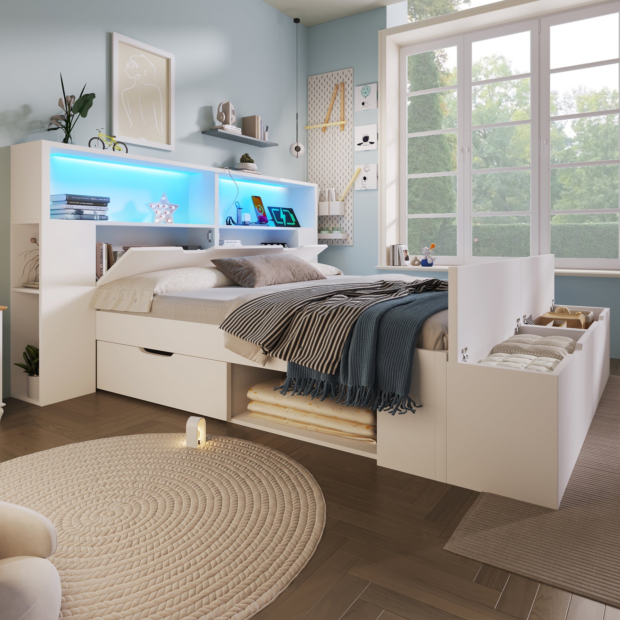 Wooden Double Bed 140x200cm Storage Drawers LED Lights USB White