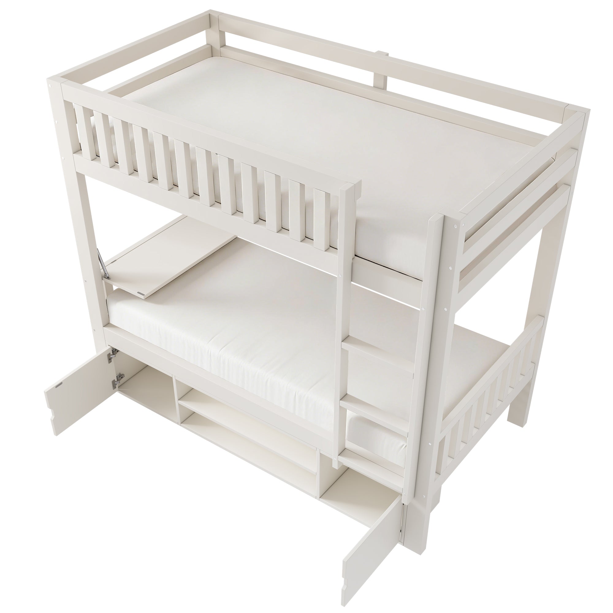Children's Loft Bed 90x200cm with Fold-down Tabletop and Integrated Shoe Rack, White