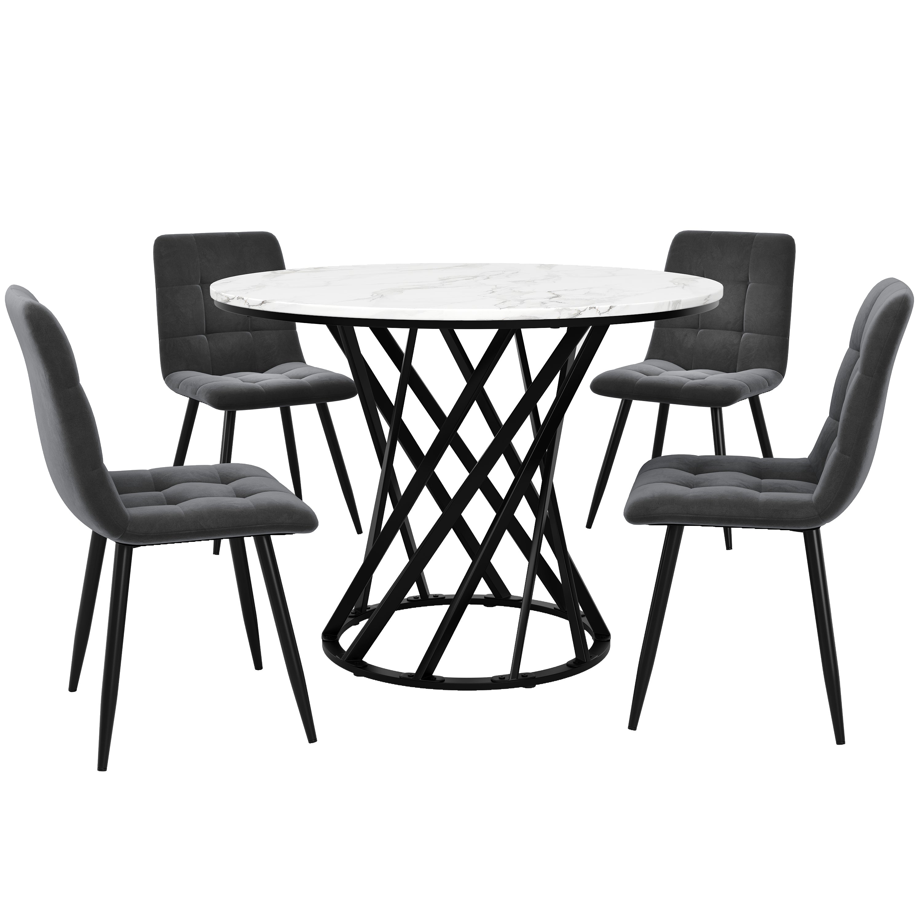 Dining Table Set 5-piece Round 80cm 4 Chairs Black Metal Legs White MDF Velvet