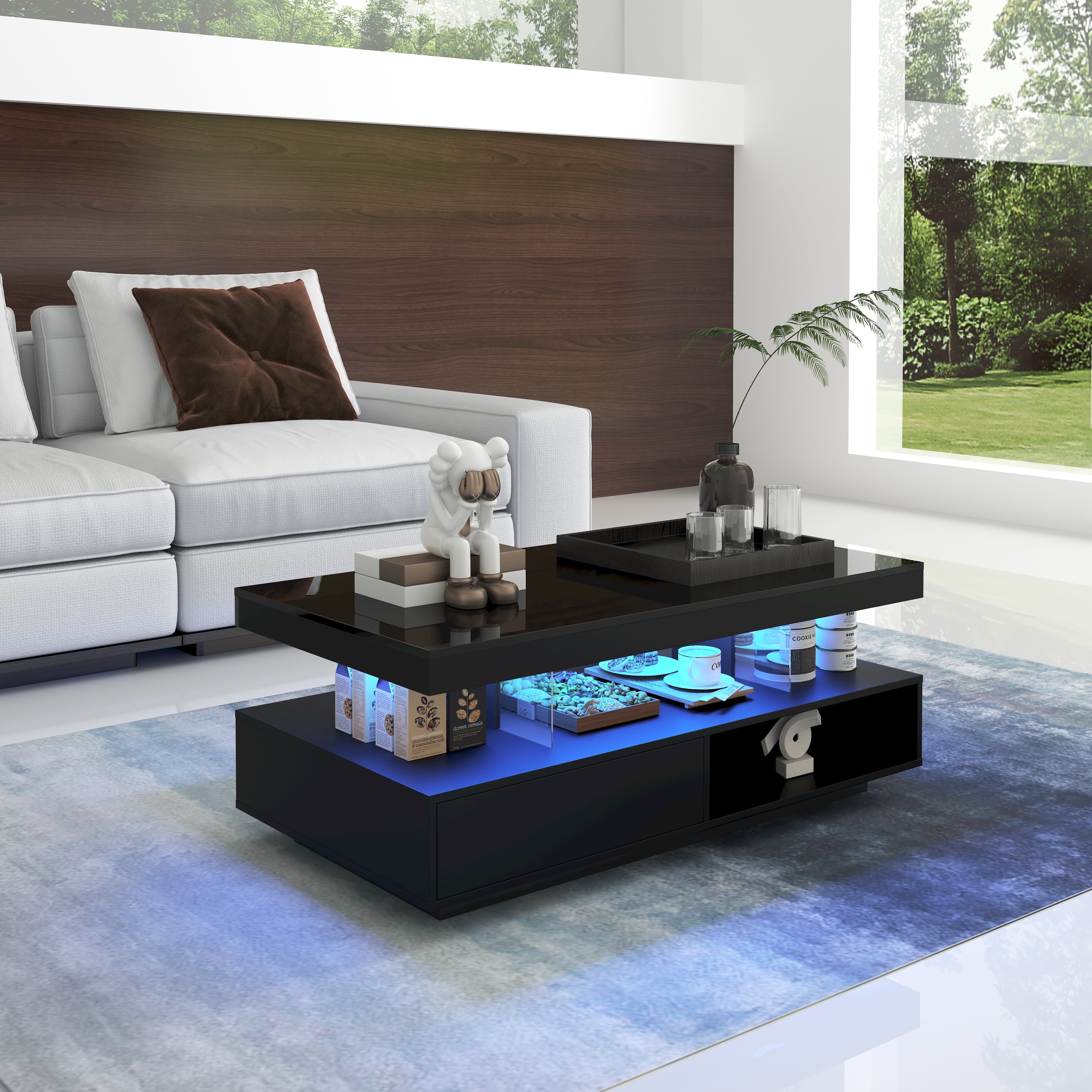 Black High-Gloss Coffee Table with Glass Tops & Drawers