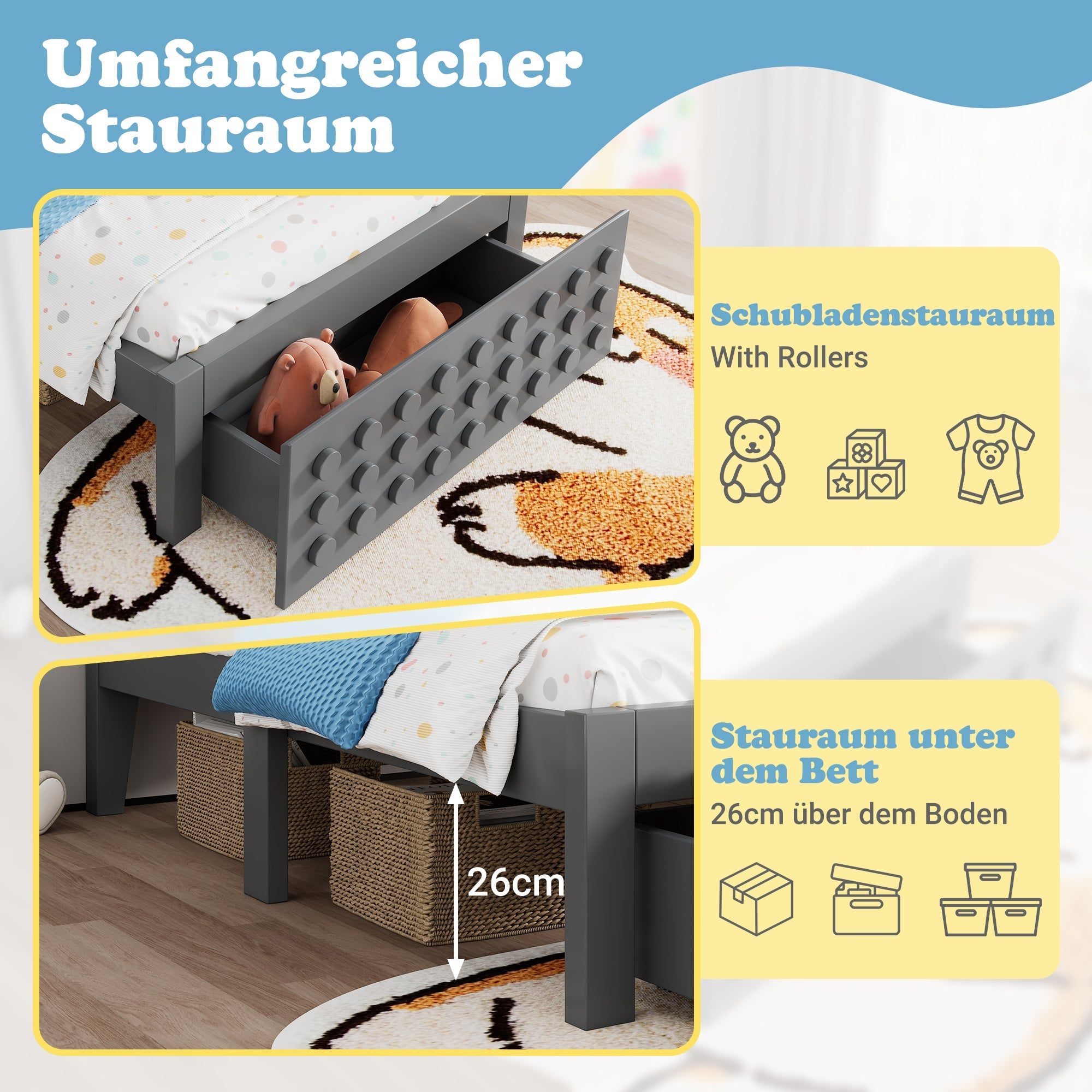 Single Bed, 90x200cm Creative Block Design with Drawers & Storage, Grey Wood