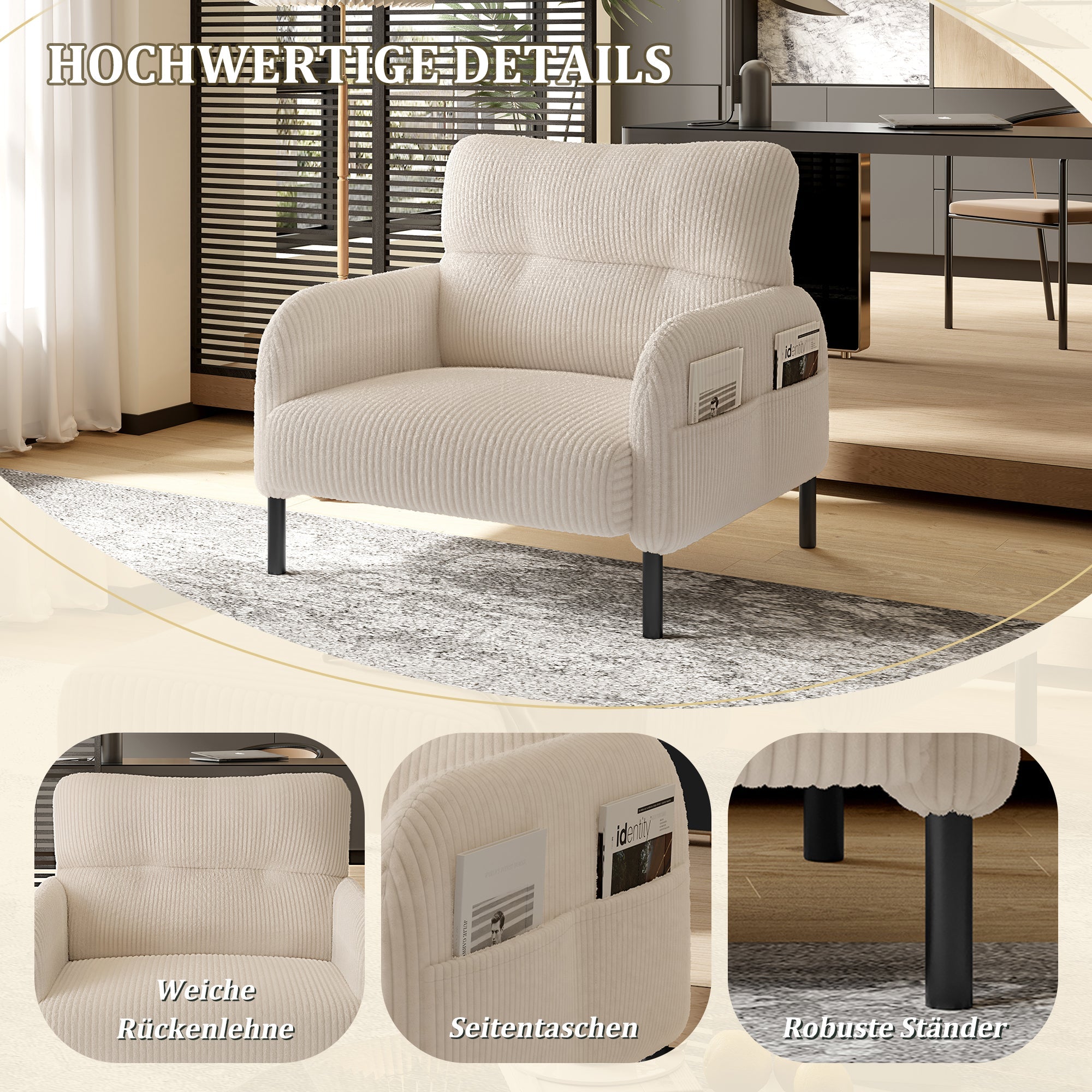 Sofa/Chair Comfortable Seat Depth, Armrests with Side Pockets, Solid Structure, Velvet Fabric