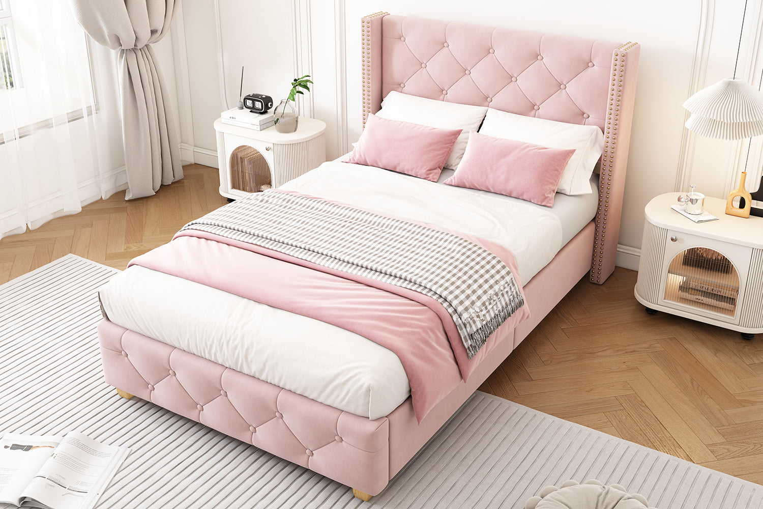 Pink Velvet Upholstered 3ft Single Bed with Slatted Frame