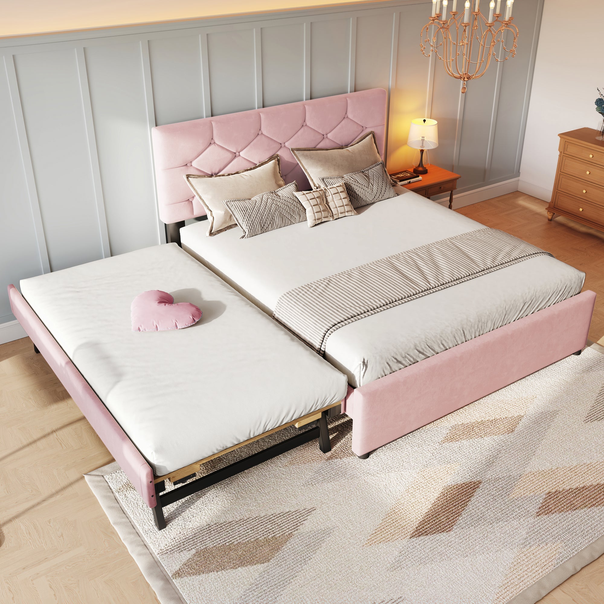 Upholstered Bed 140x200cm Rolling Storage Slatted Base Minimalist - Velvet Pink
