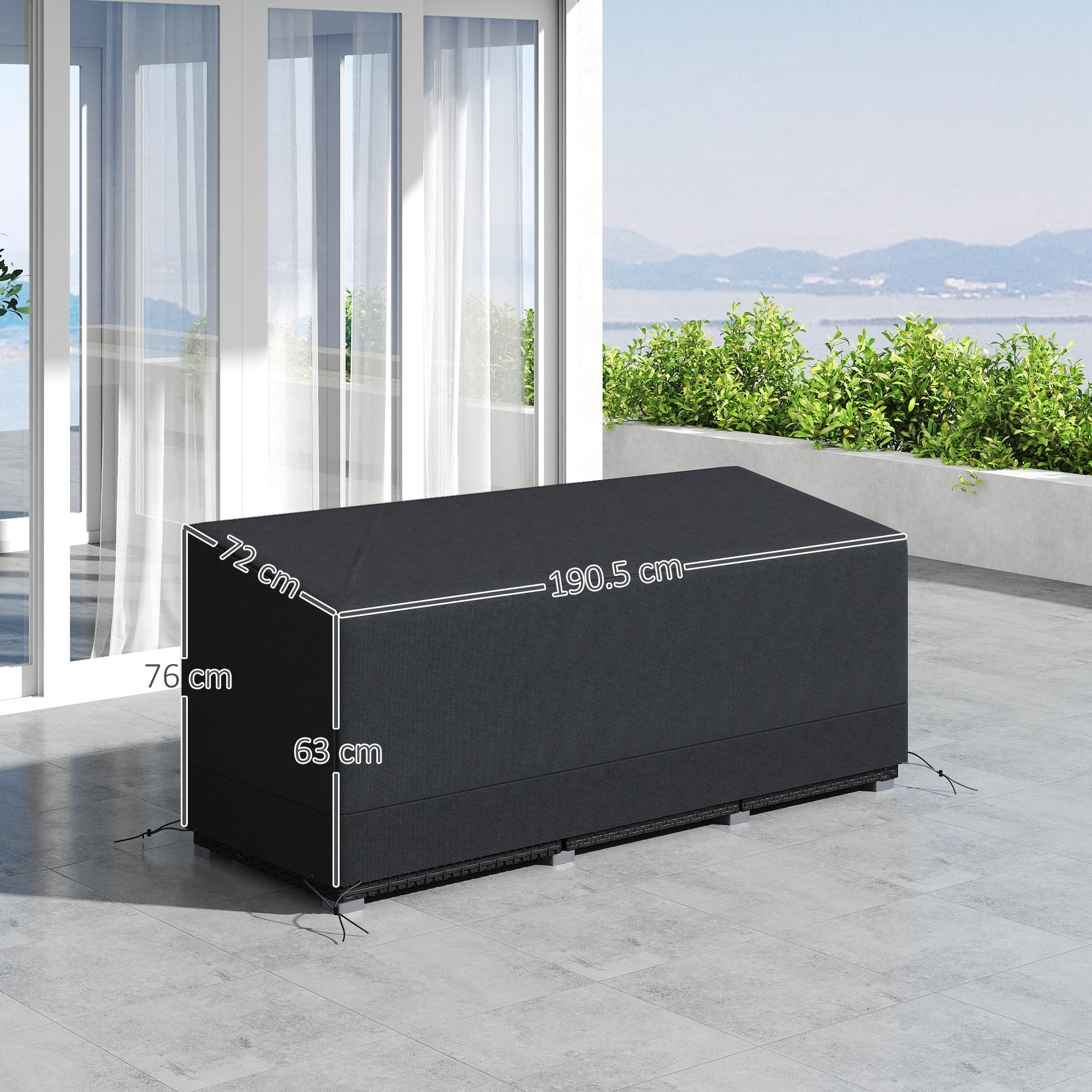 Rechteckige Terrassen-Gartenmöbelabdeckung, wasserdicht, UV-beständig, 3-Sitzer-Sofa-Bistro-Set, 190 x 72 x 76 cm, 600D Oxford-Gewebe, Schwarz
