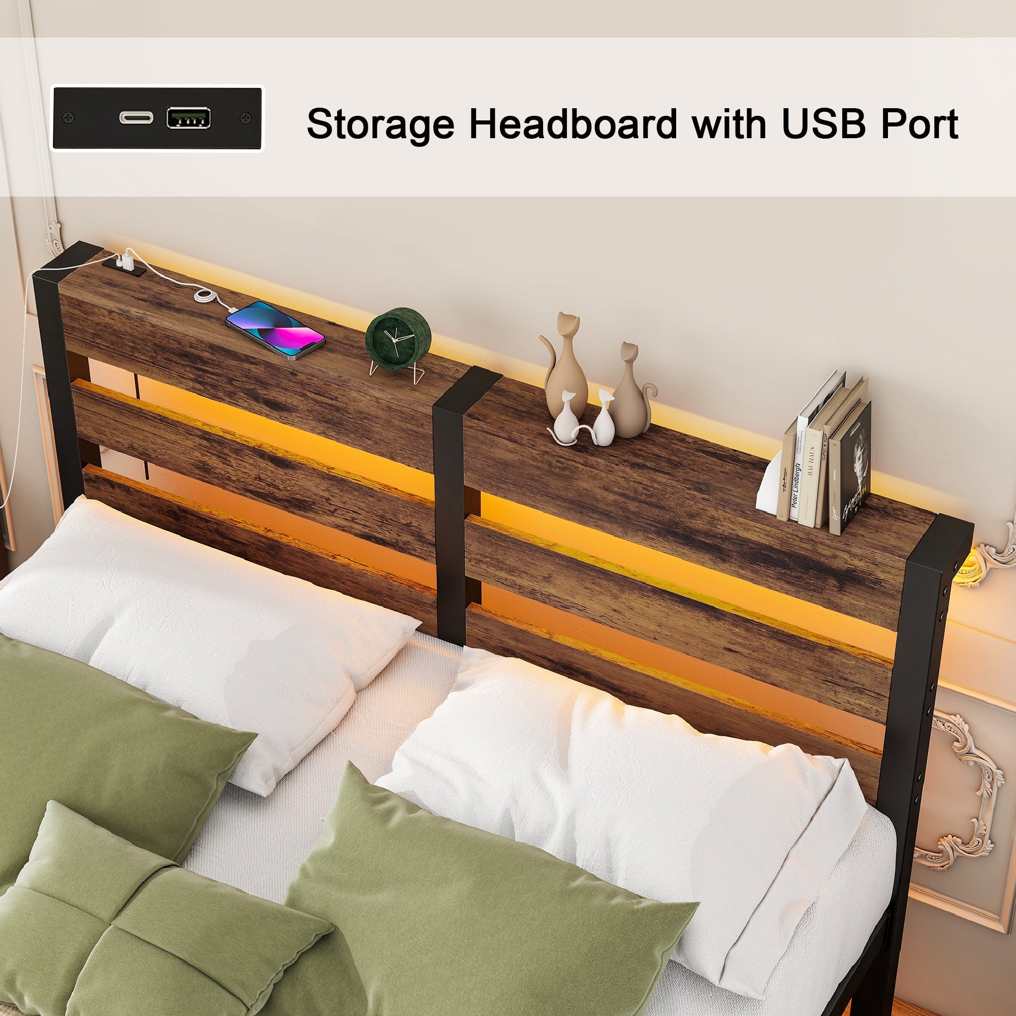 Metal Bed 120x200cm LED USB Storage - Metal
