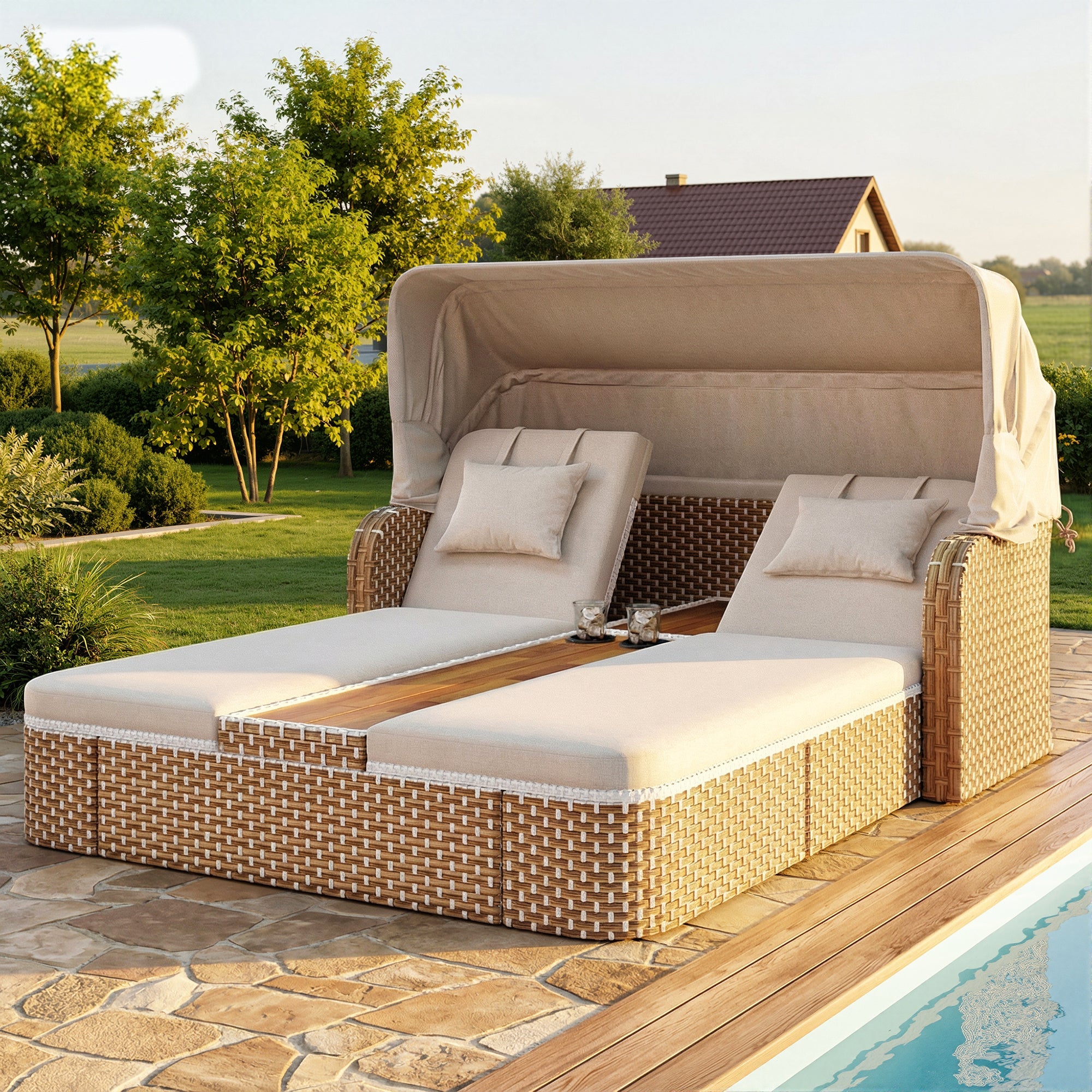 Rattan Sun Island Garden Lounger with Awning and Weatherproof Design, Beige and Grey