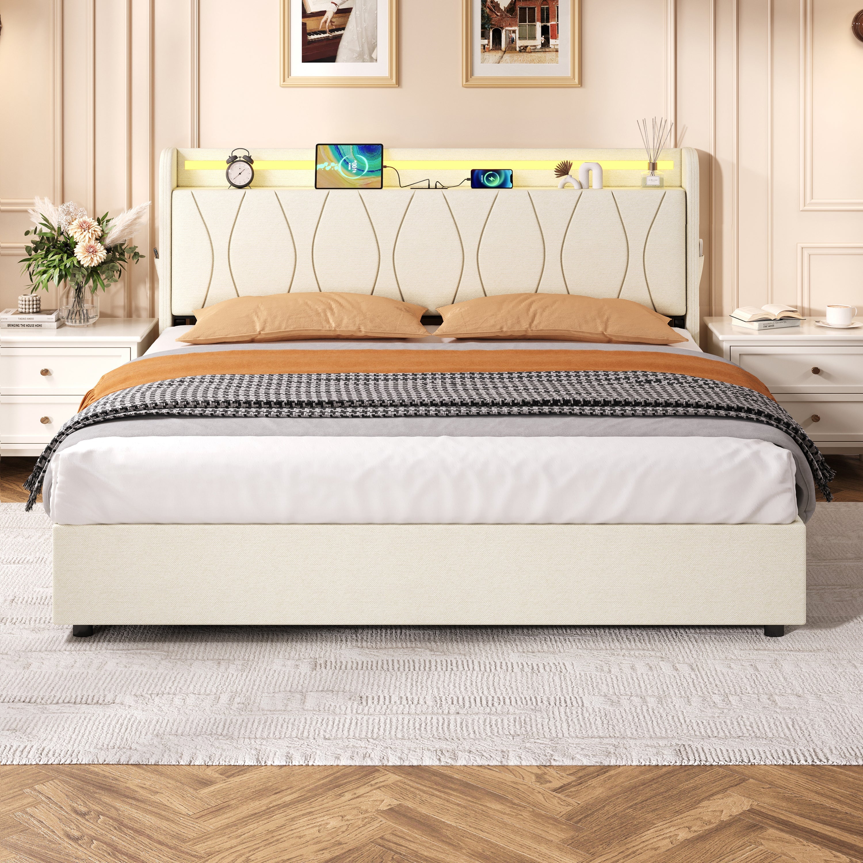 5ft King Upholstered Bed Frame, Hydraulic Storage LED Headboard with Charging Station, Beige Linen