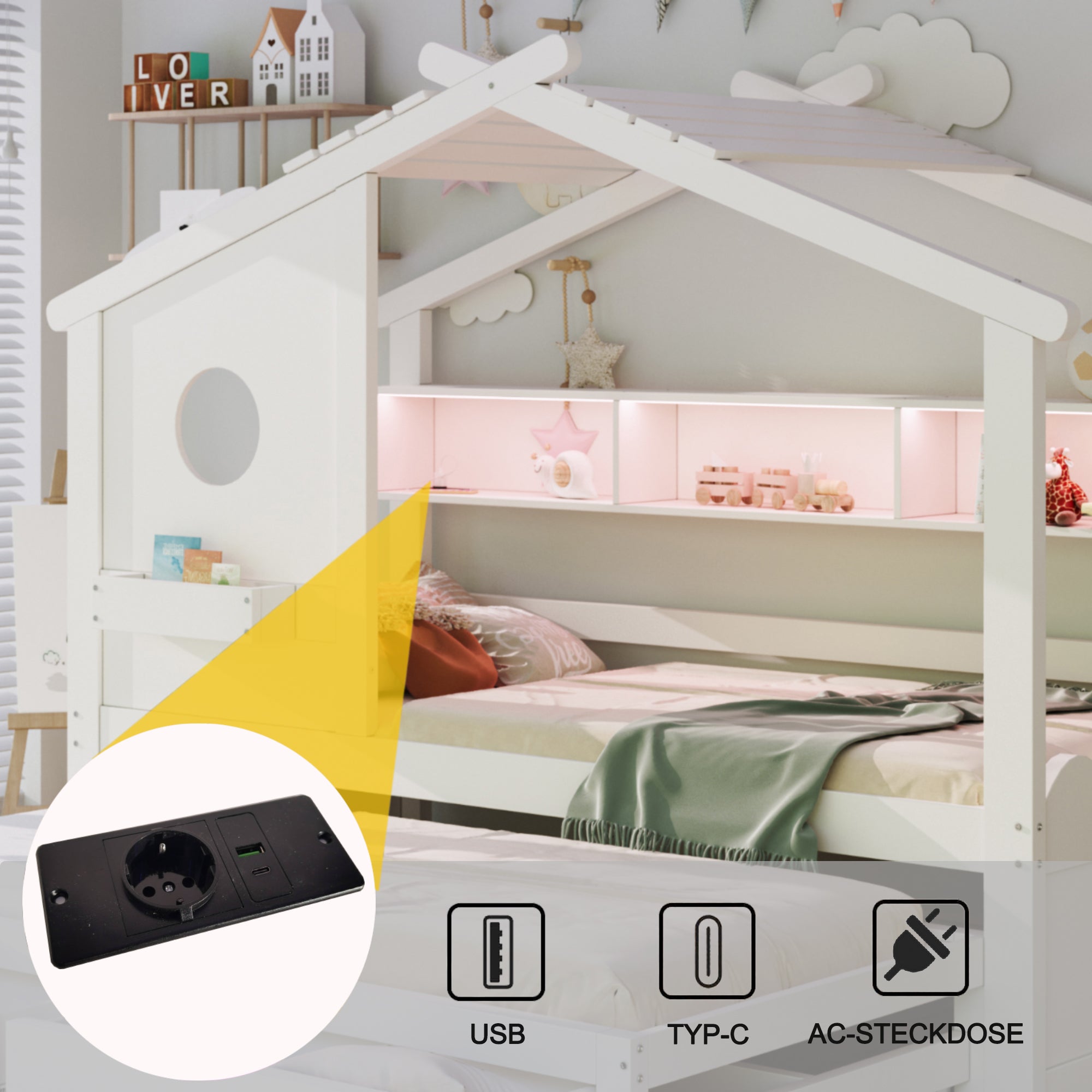 Multifunctional Children's Bed with House Design, Pull-out Bed, Drawers, Shelves, USB and LED, 90x200cm, White