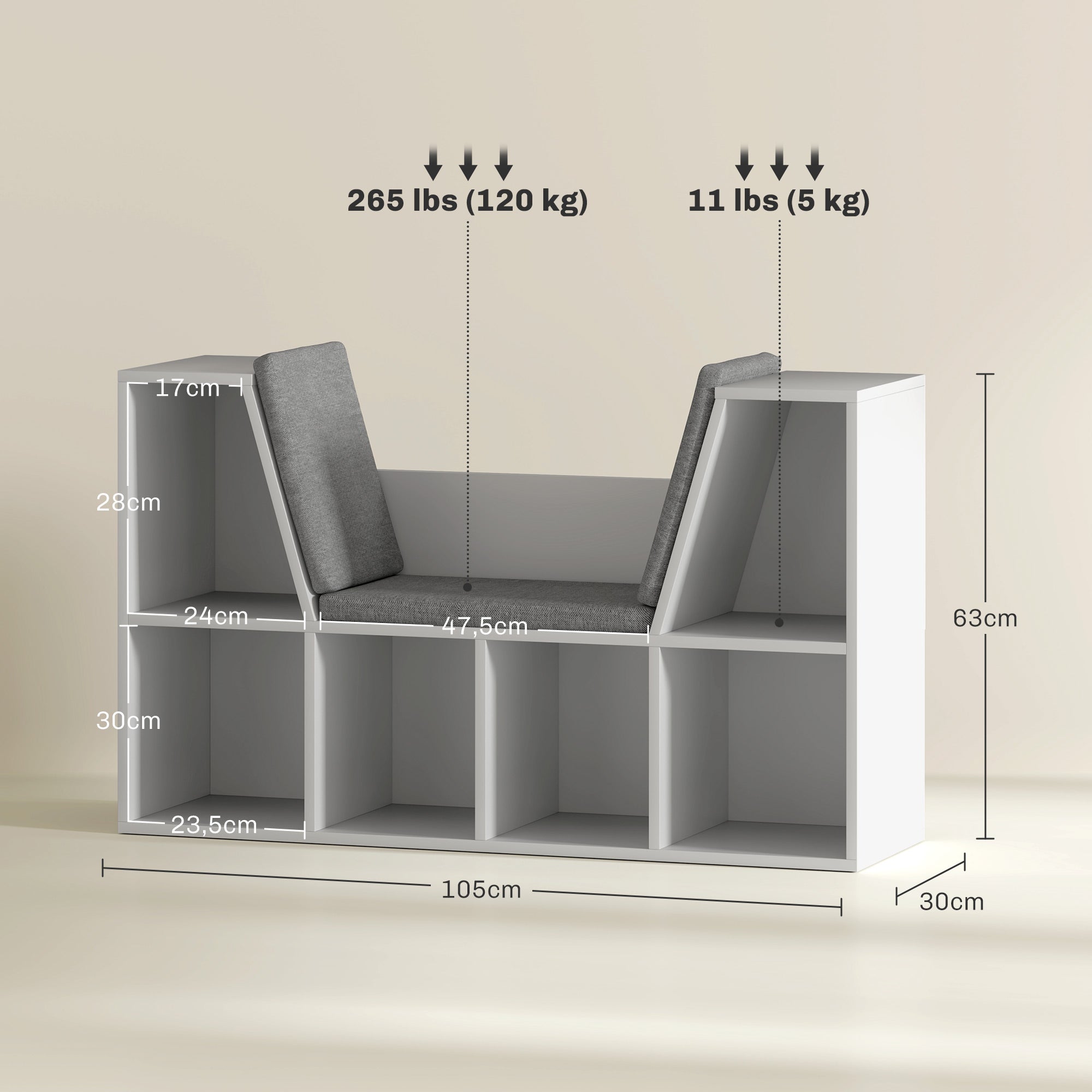 Bookshelf Storage with Seat Cushion 6 Compartment, Linen Look White