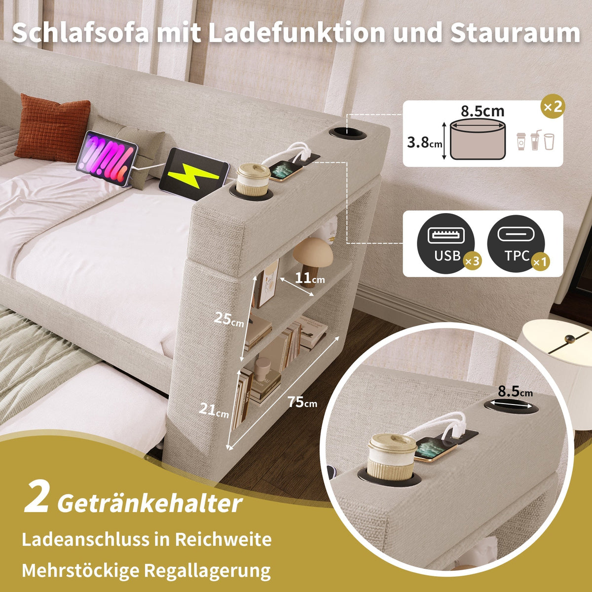 Upholstered Daybed Sofa Bed 90x190cm Pull-Out USB/Type-C Charger, Beige Linen Blend