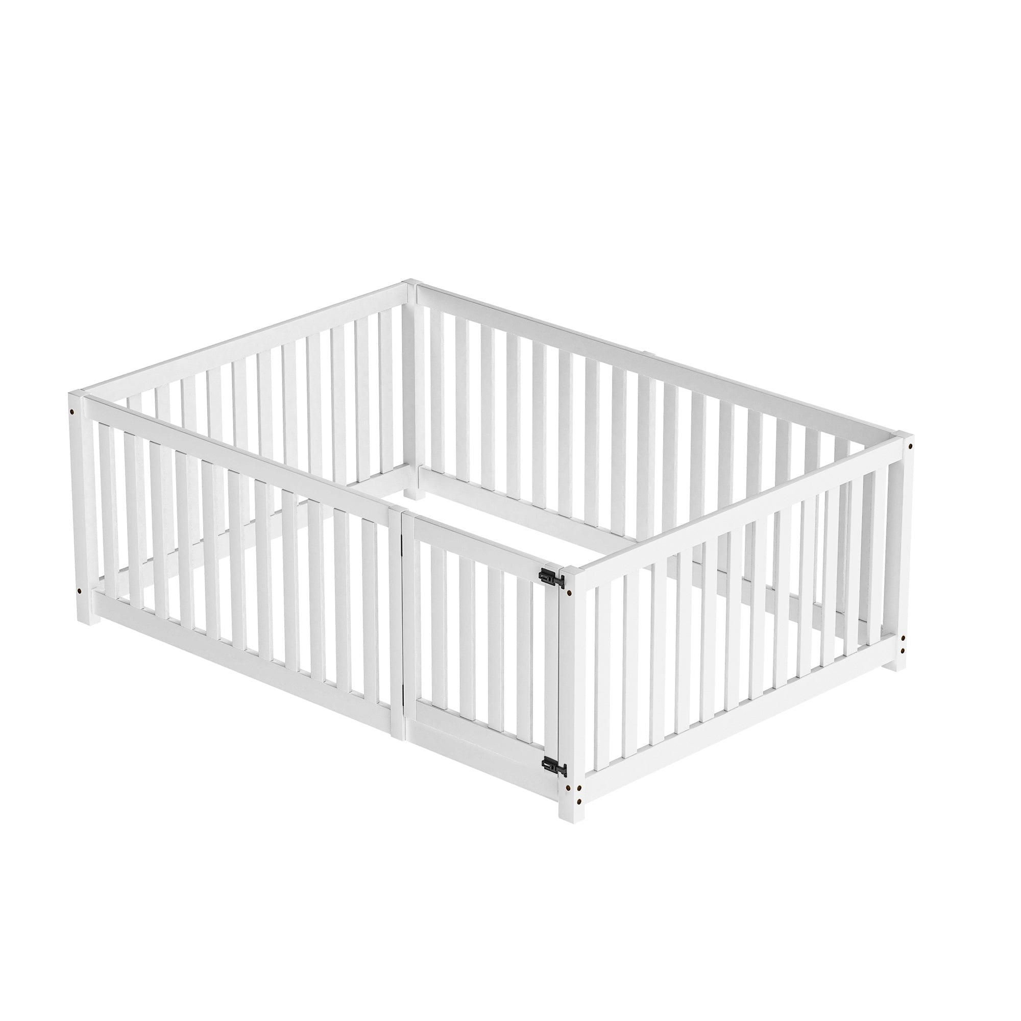 Children's bed 140 x 200, wooden floor bed frame with fence and door, white