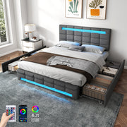 4ft6 Double Upholstered Bed with LED Lighting, Storage Drawers, Adjustable Button Tufted Headboard, Linen Fabric, Grey