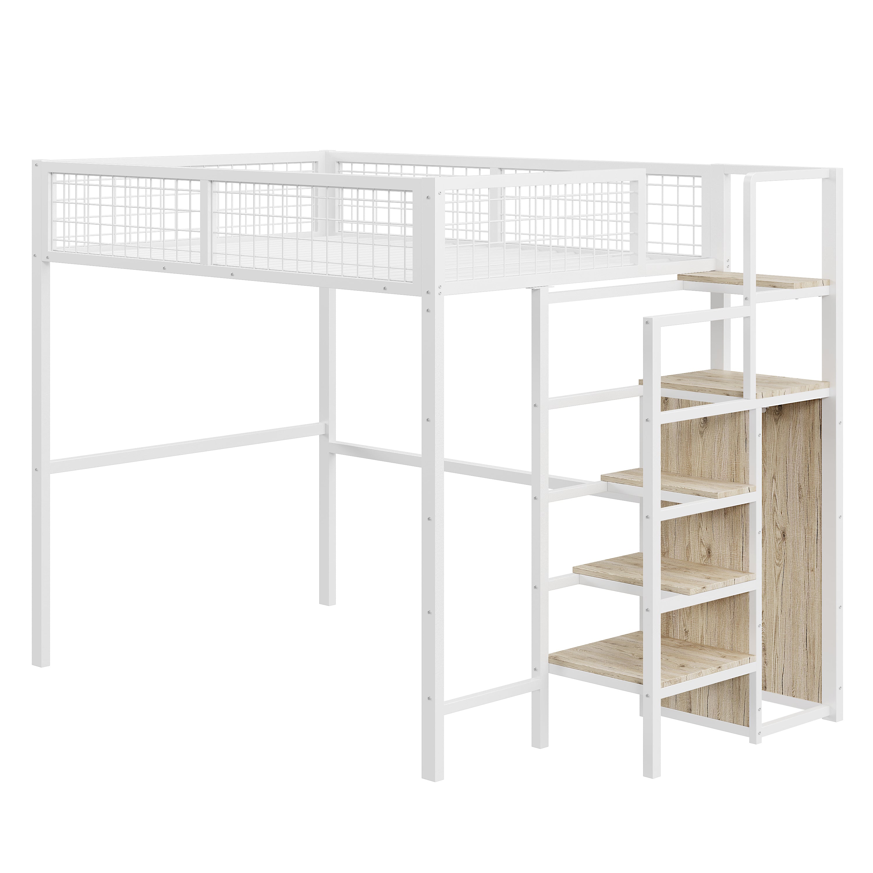 Loft Bed with Integrated Wardrobe and Safety Ladder, Black and White MDF and Metal