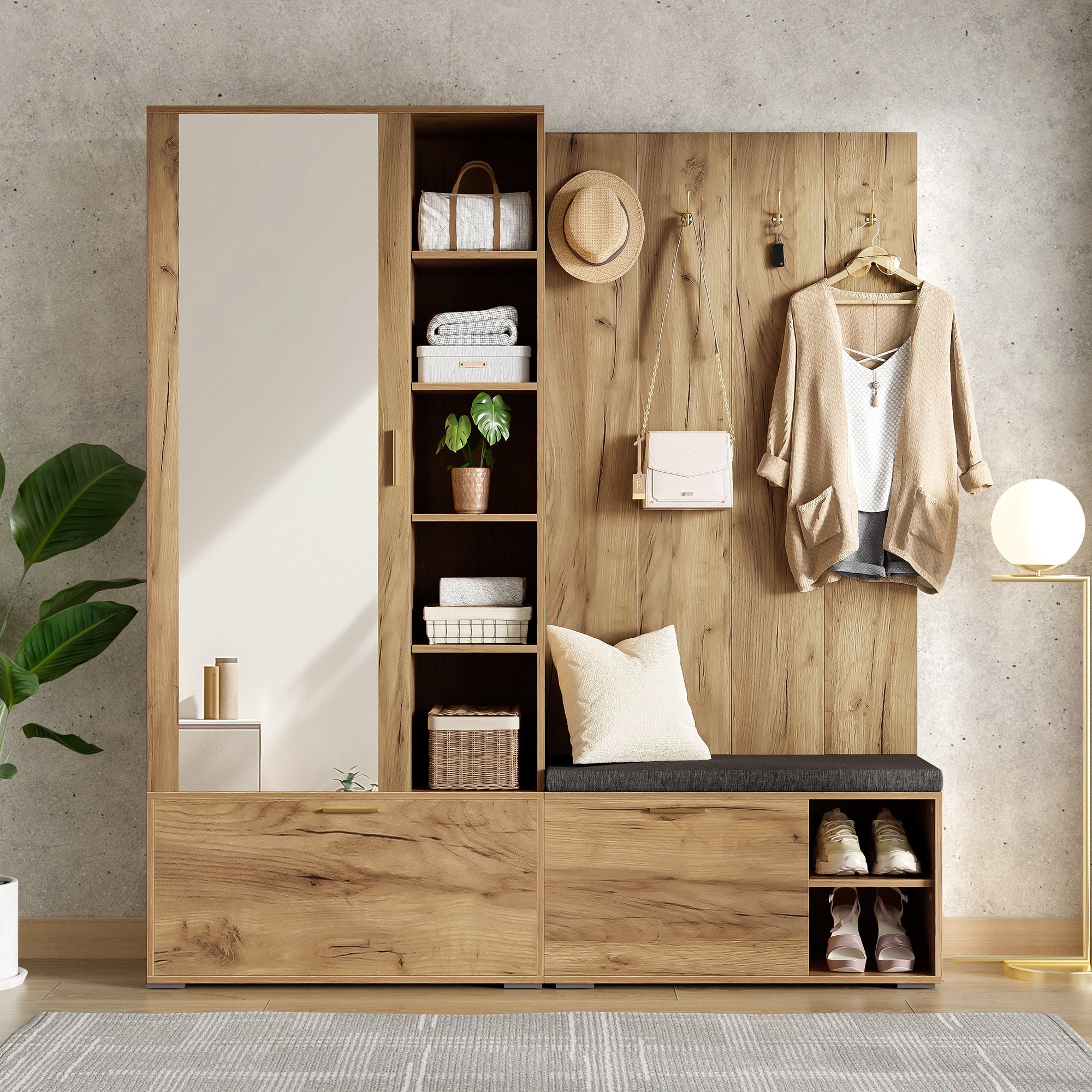 Wardrobe Set with Mirror, Shoe Bench and Coat Rack, Wood Color