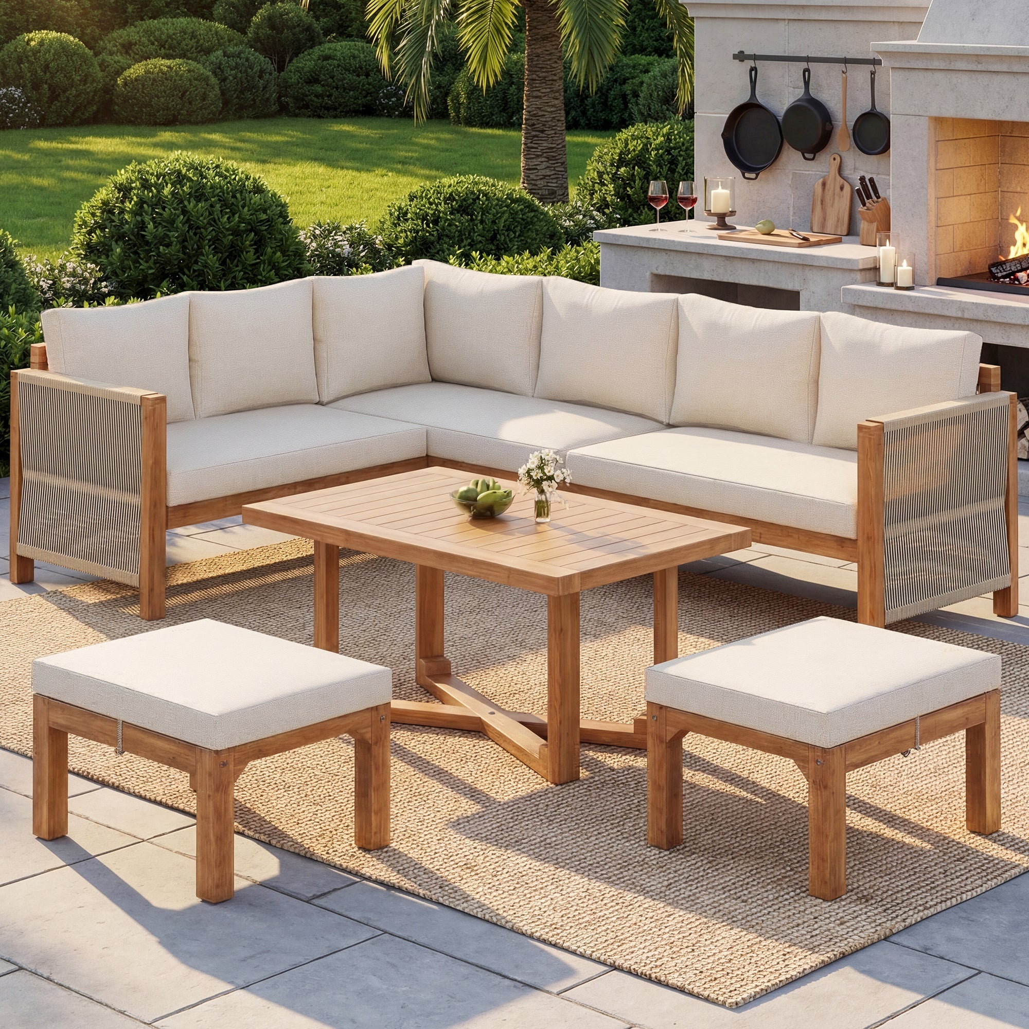 Modular Garden Furniture Set with 6-Seater Corner Sofa, 2 Stools and Table, Acacia Wood