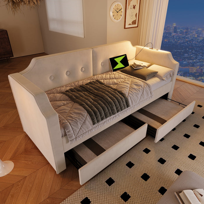 Upholstered Sofa Bed, 90x200 cm, USB Type-C Light, 2 Drawers, Velvet Beige