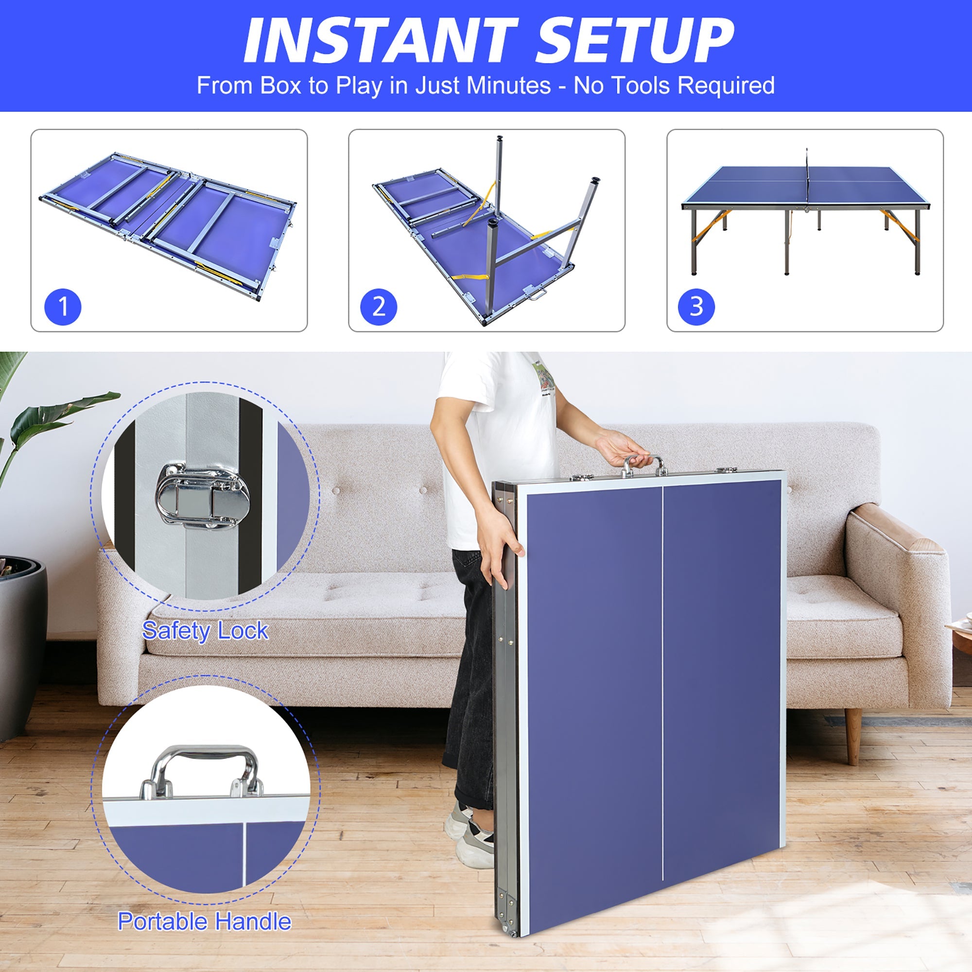 Foldable Ping Pong Table with Net & Paddles Set, Indoor/Outdoor, Blue