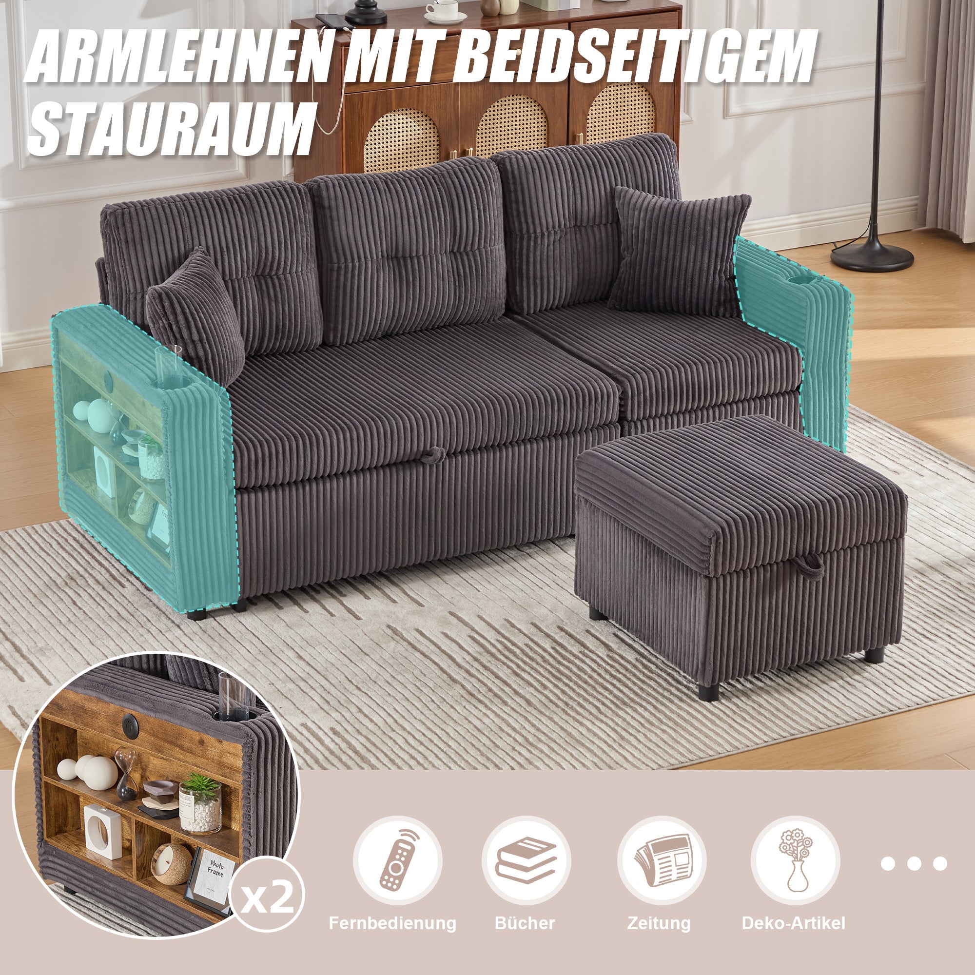 Multifunctional Sofa with Storage & Pull-Out Bed, USB-C, Ambient Light, Corduroy