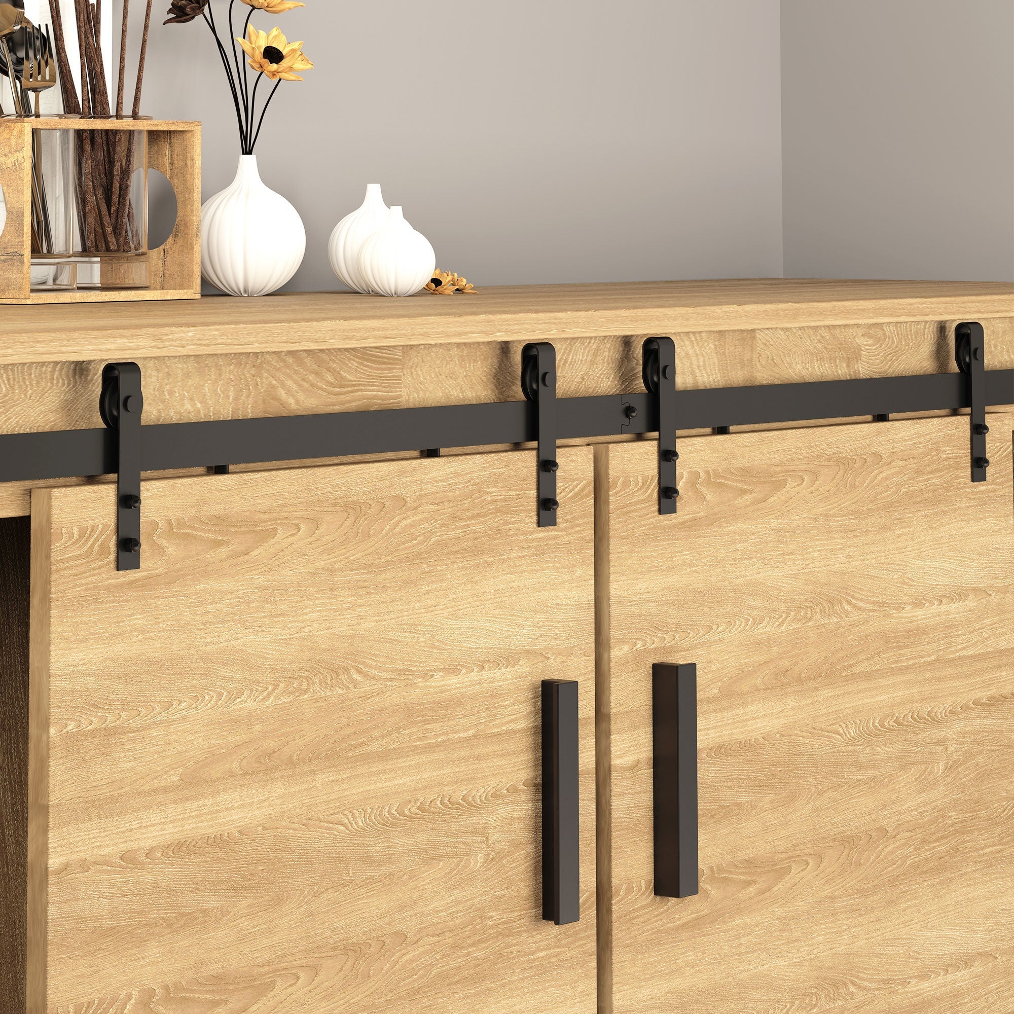 Sliding Door System, Double Wooden Doors, Carbon Steel, Black