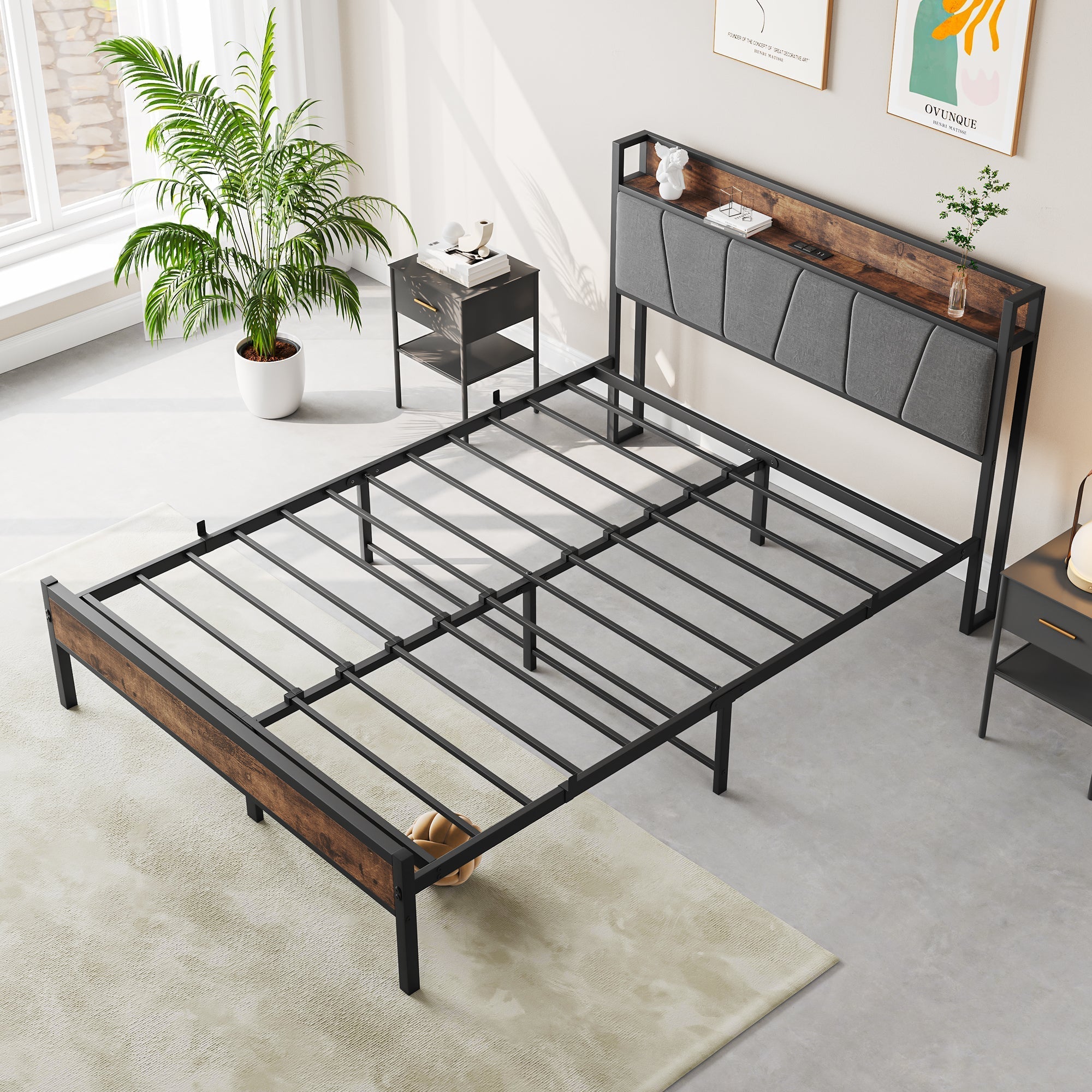 Bed Frame 120x200cm, Smart LED/USB Headboard, Heavy-Duty Metal Slatted Platform